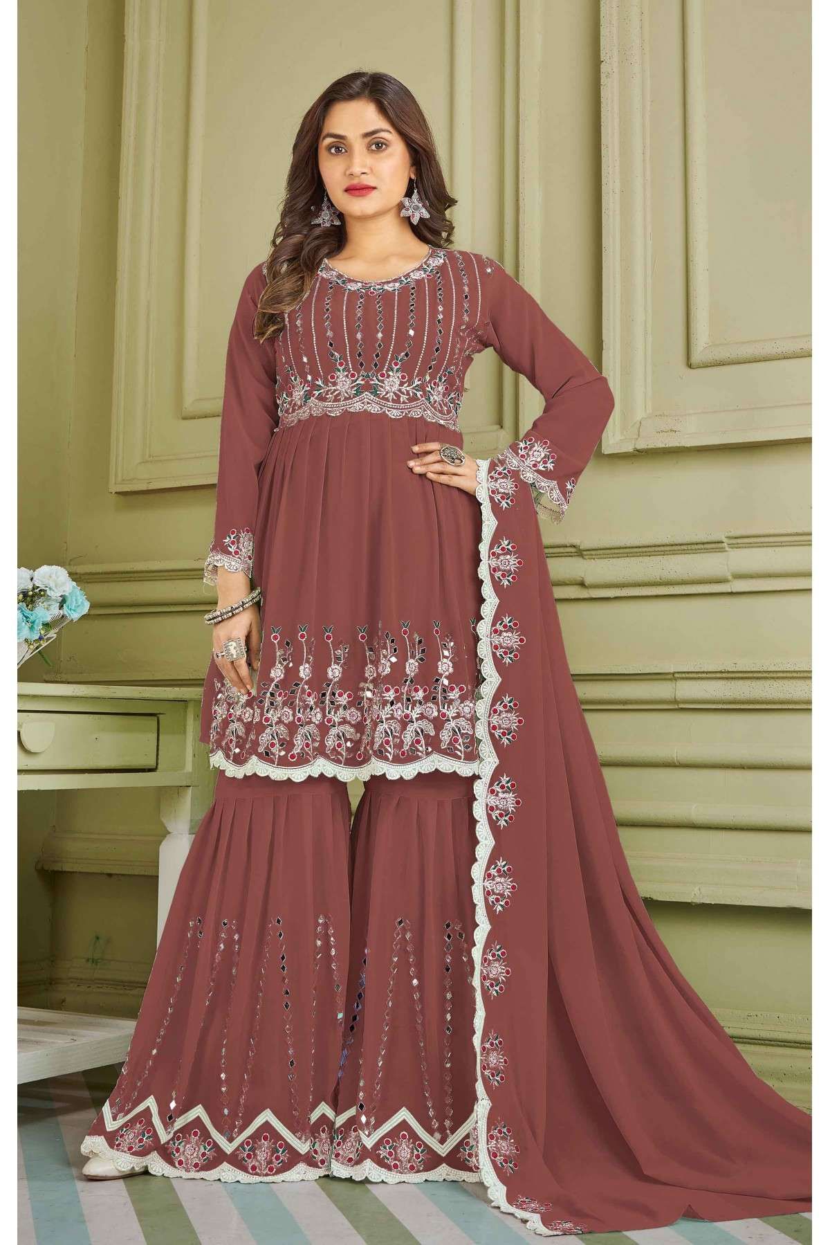 Faux Georgette Embroidery Sharara Suit In Brown Colour - SM5416078