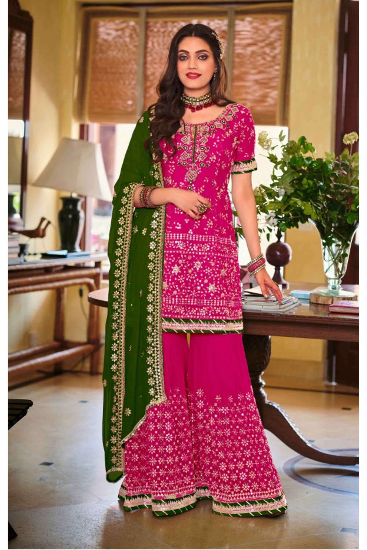 Faux Georgette Embroidery Sharara Suit In Magenta Pink Colour - SM1775281