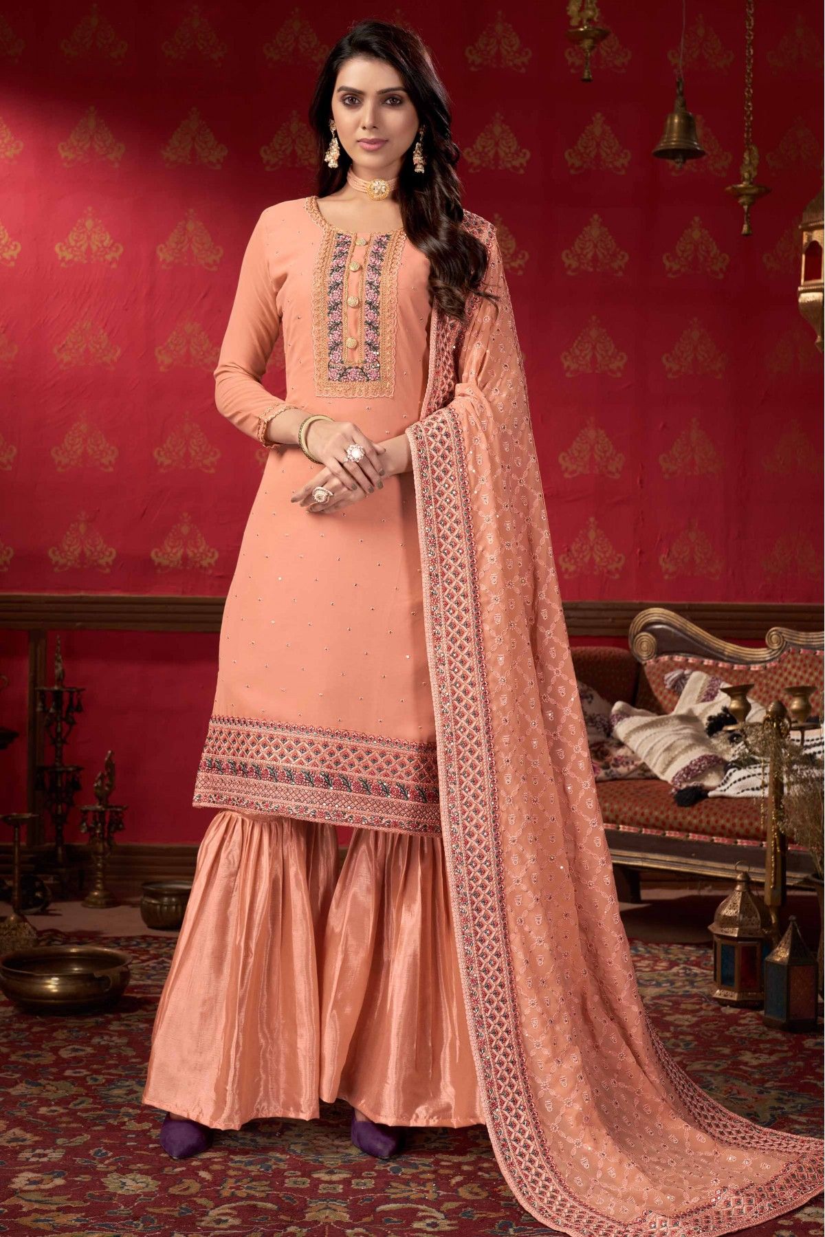 Peach Color Inventive Georgette Salwar Suit With Contrast Dupatta – Simple  Sarees