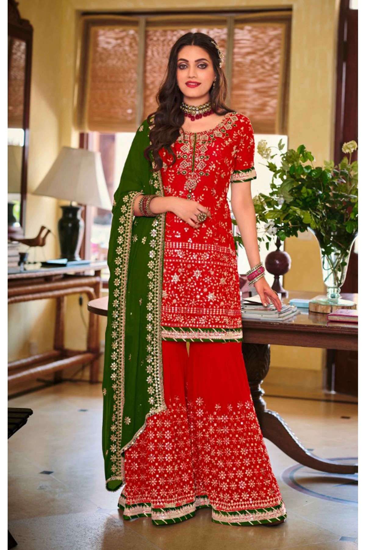 Faux Georgette Embroidery Sharara Suit In Red Colour - SM1775276