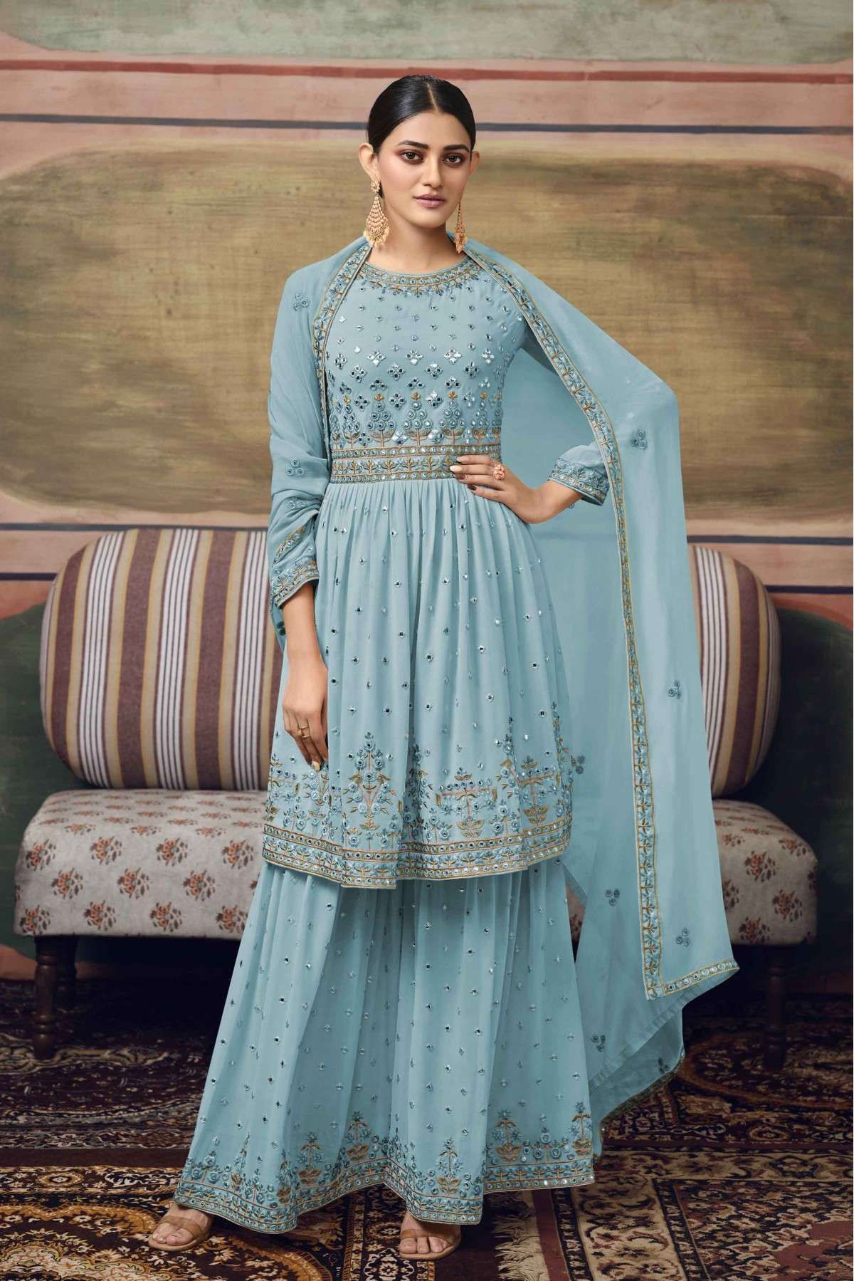 Faux Georgette Embroidery Sharara Suit In Sky Blue Colour - SM5641704