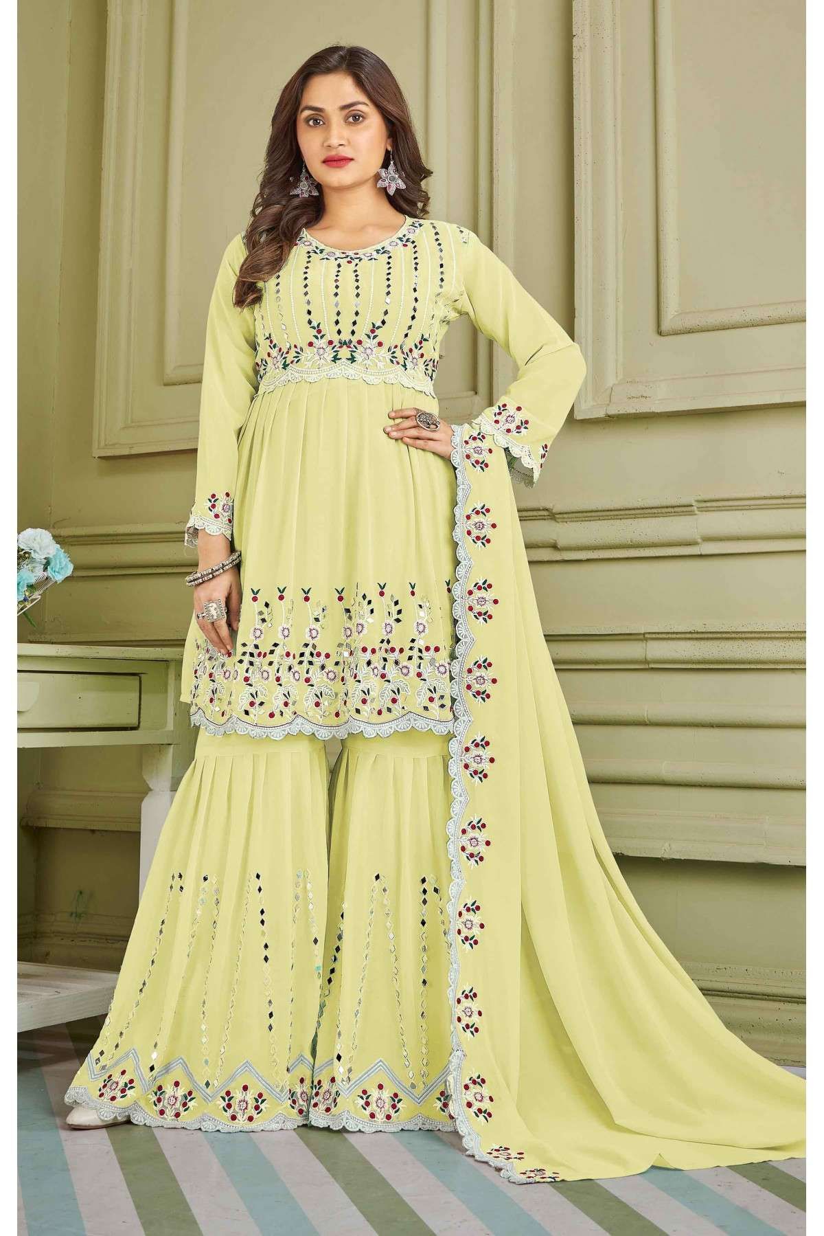 Faux Georgette Embroidery Sharara Suit In Yellow Colour - SM5416084