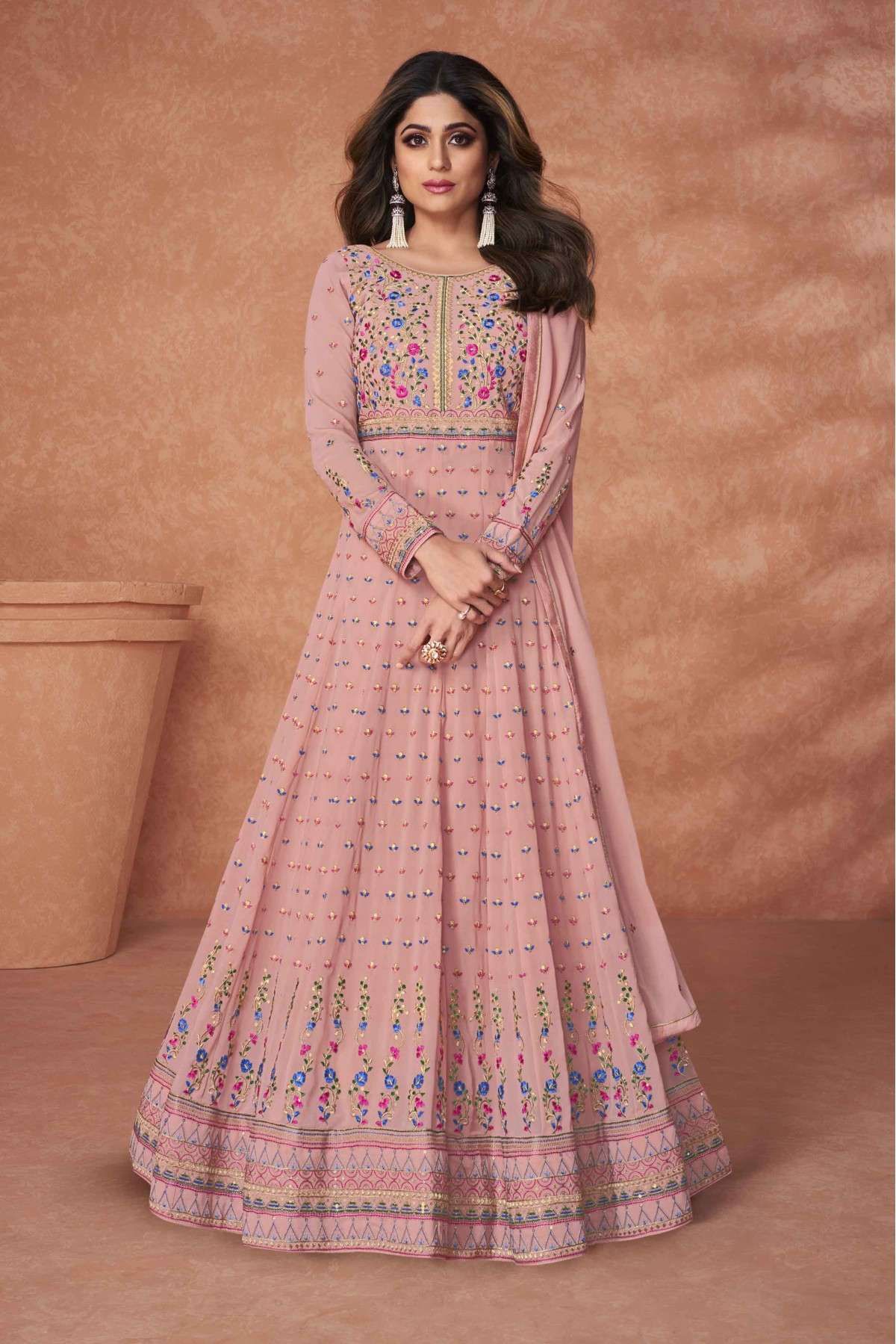 Anarkali Suit Pink in Georgette with Embroidered