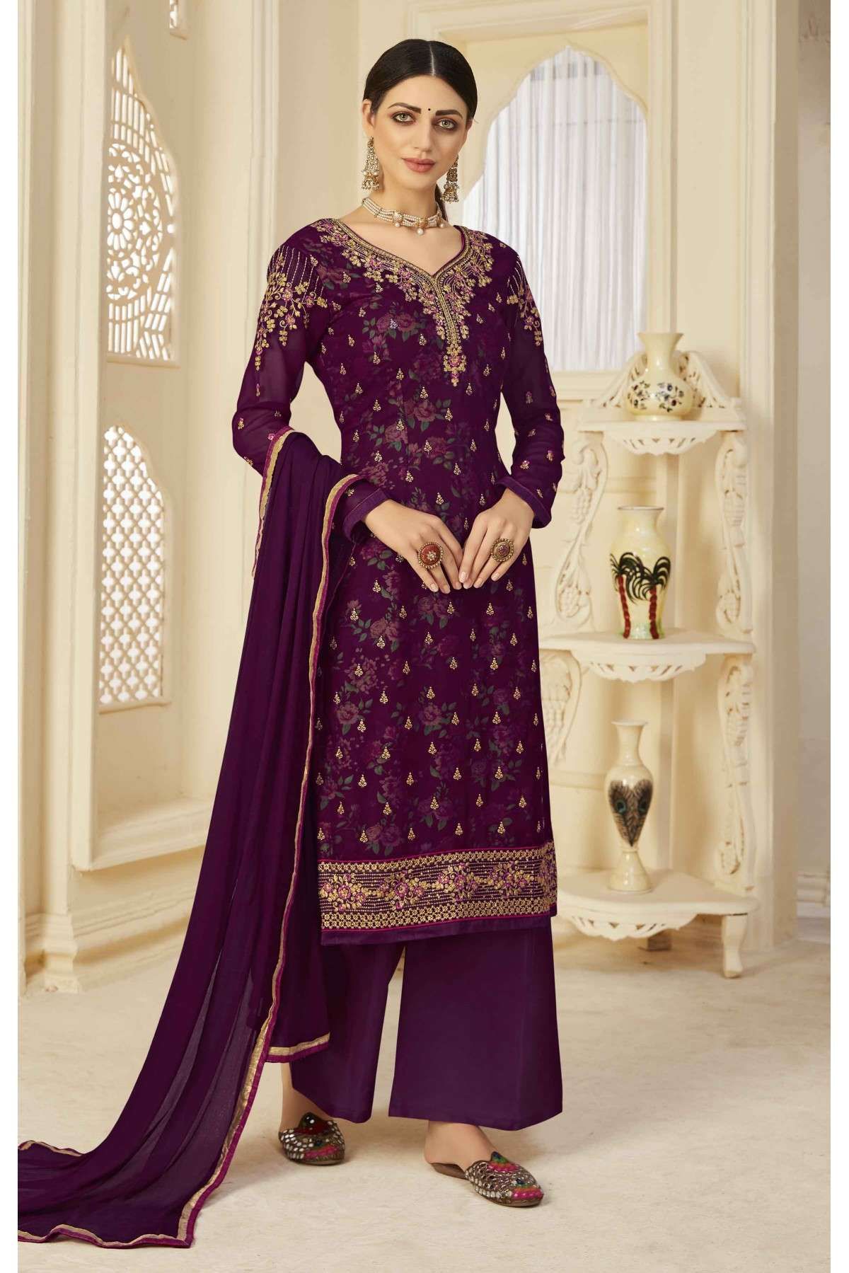 Plum Wine Designer Embroidered Party Wear Pant Suit