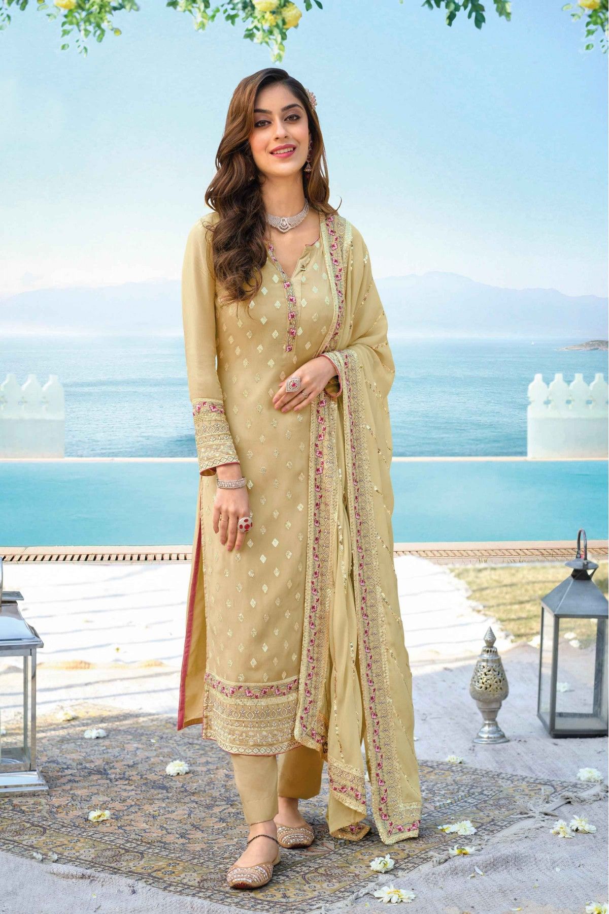 Unstitched Modal Cotton Embroidery Churidar Suit In Yellow Colour