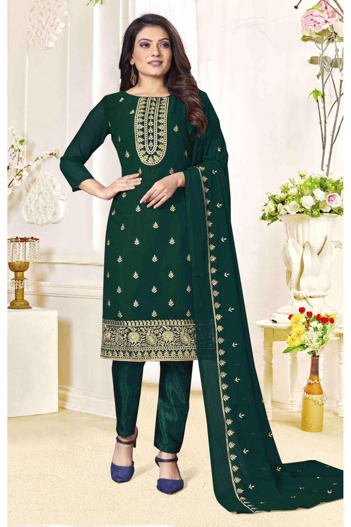 Green Georgette Pant Style Suit