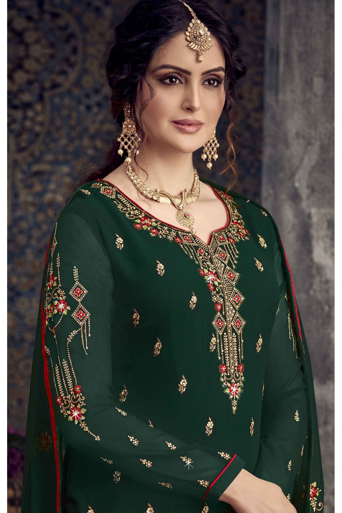 Georgette Embroidery Pant Style Suit In Green Colour - SM5550136