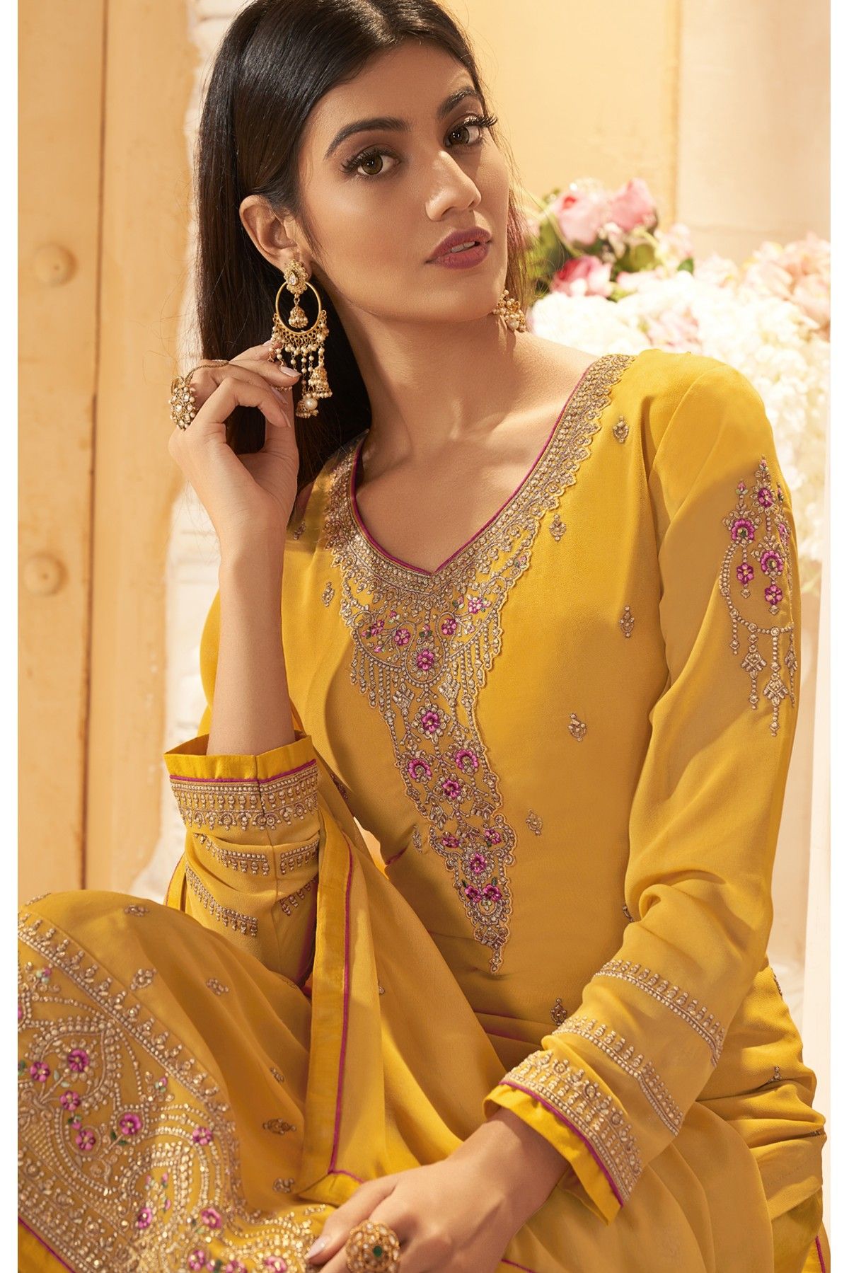 Georgette Embroidery Pant Style Suit In Mustard Colour - SM5550154