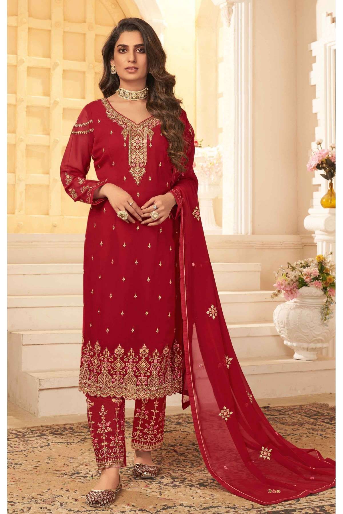 Light red Chanderi Churidar Suit - SK13569