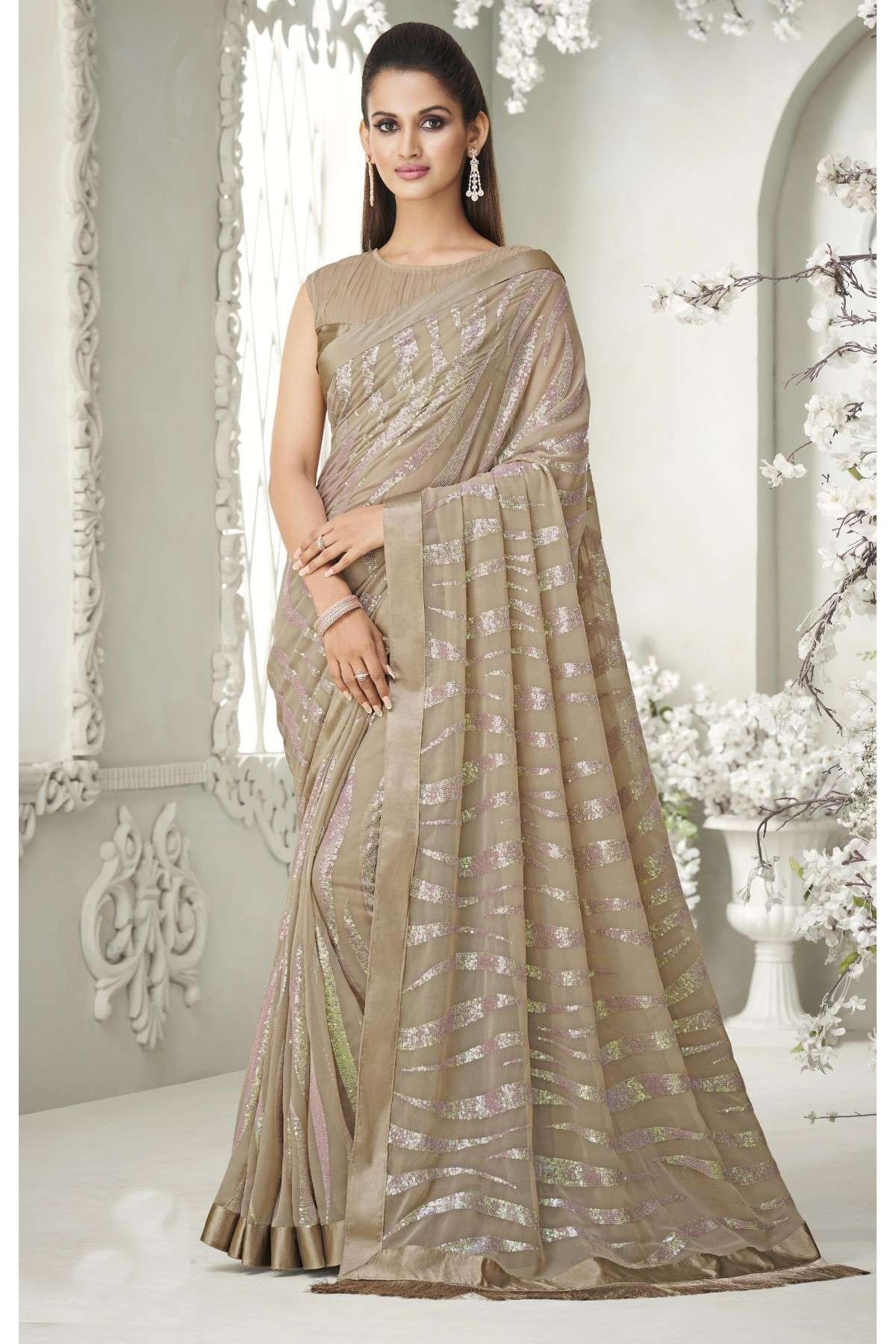 Ivory Cream Color Jacquard Linen Silk Saree– Lotus Fashion