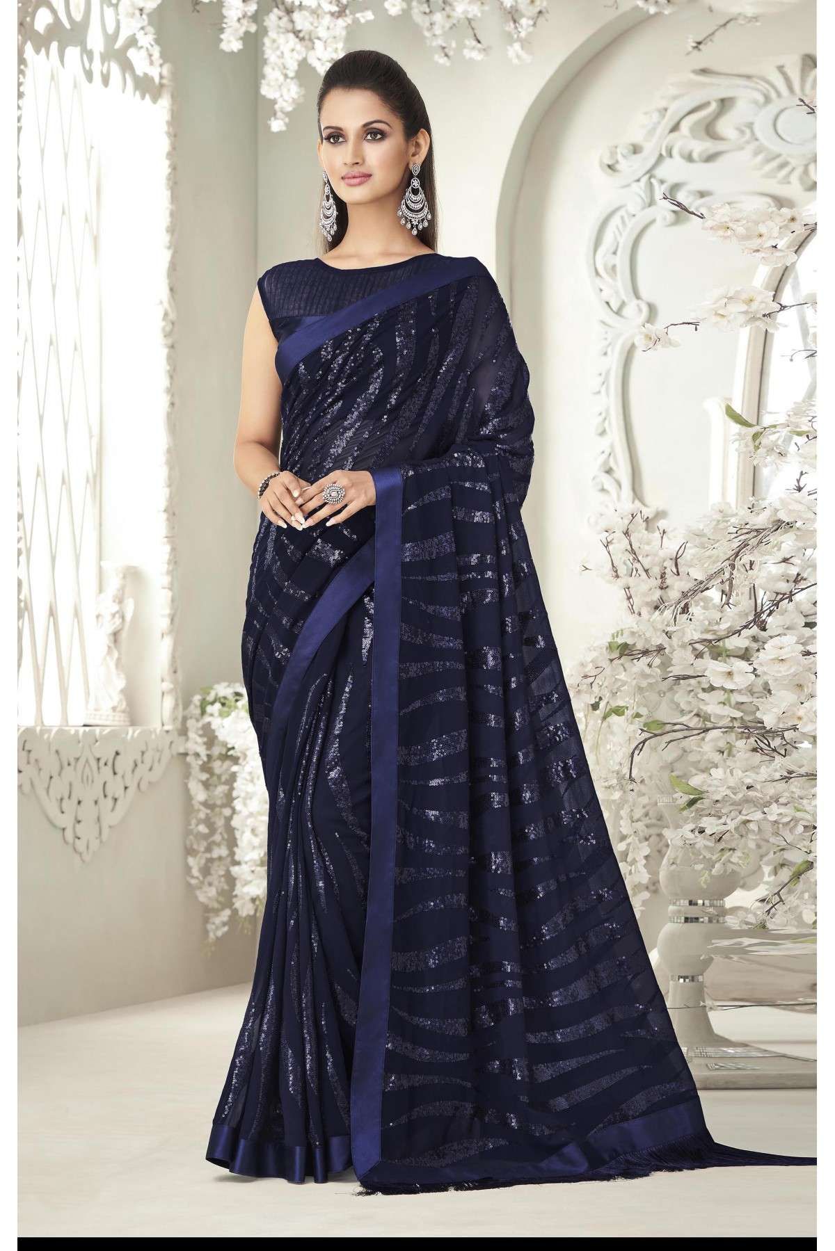 Shop Georgette Dark Blue Color Hand Embroidered Stone Work Saree Party Wear  Online at Best Price | Cbazaar