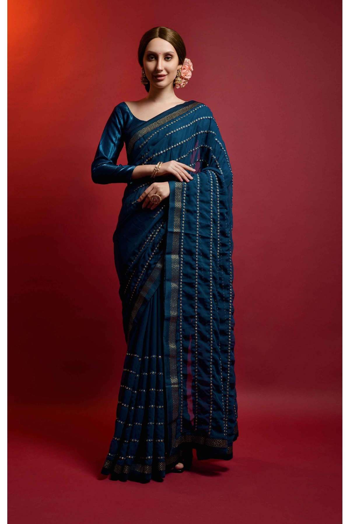 Georgette Embroidery Saree In Teal Blue Colour - SR5415967