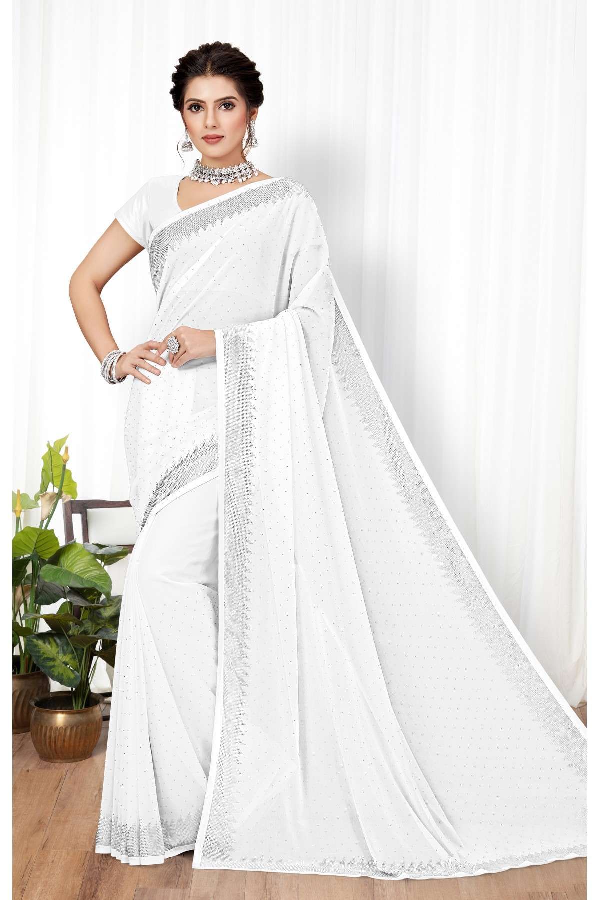 White Stone work Kanjivaram Silk Saree 5424SR10