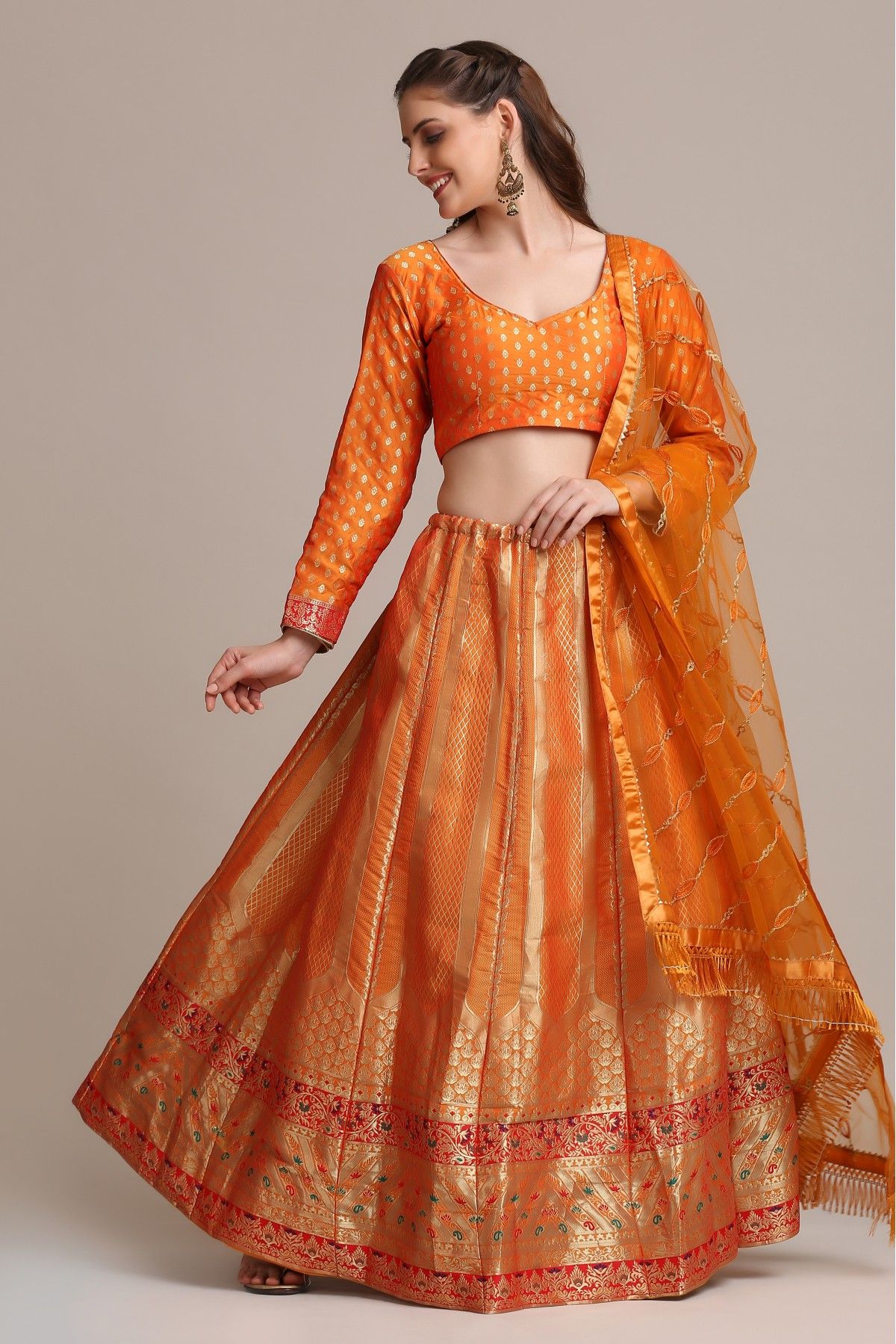 Jacquard Silk Woven Lehenga Choli In Orange Colour LD5680151 A