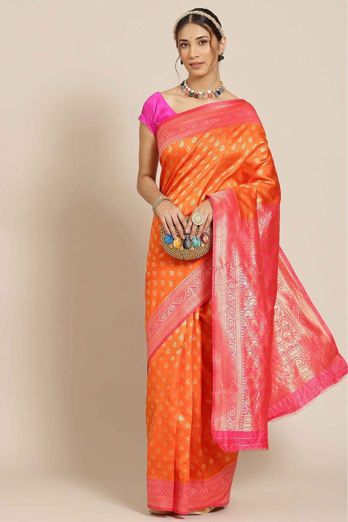 Fuchsia Pink and Orange Handloom Bengal Cotton Saree – Soovos