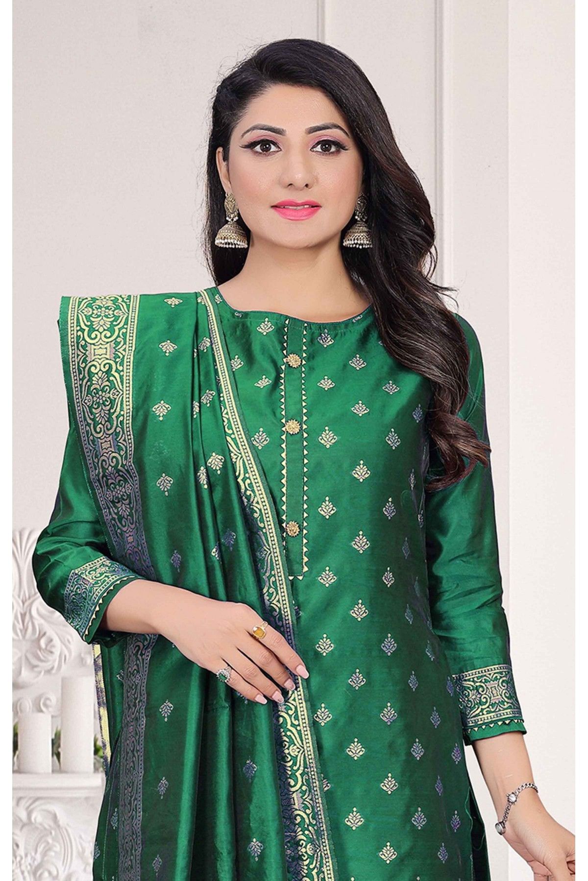 Jacquard Woven Churidar Suit In Green Colour - SM5550184