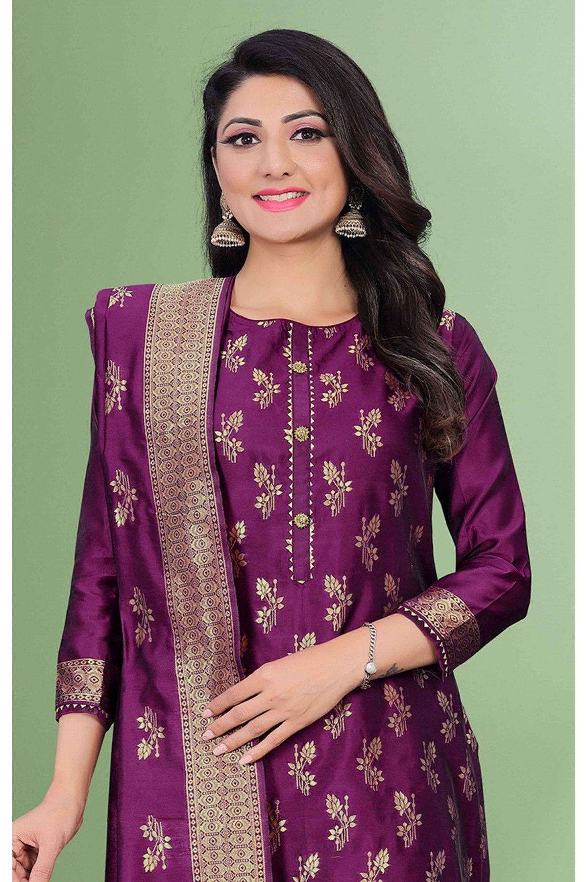Jacquard Woven Churidar Suit In Purple Colour - SM5550174