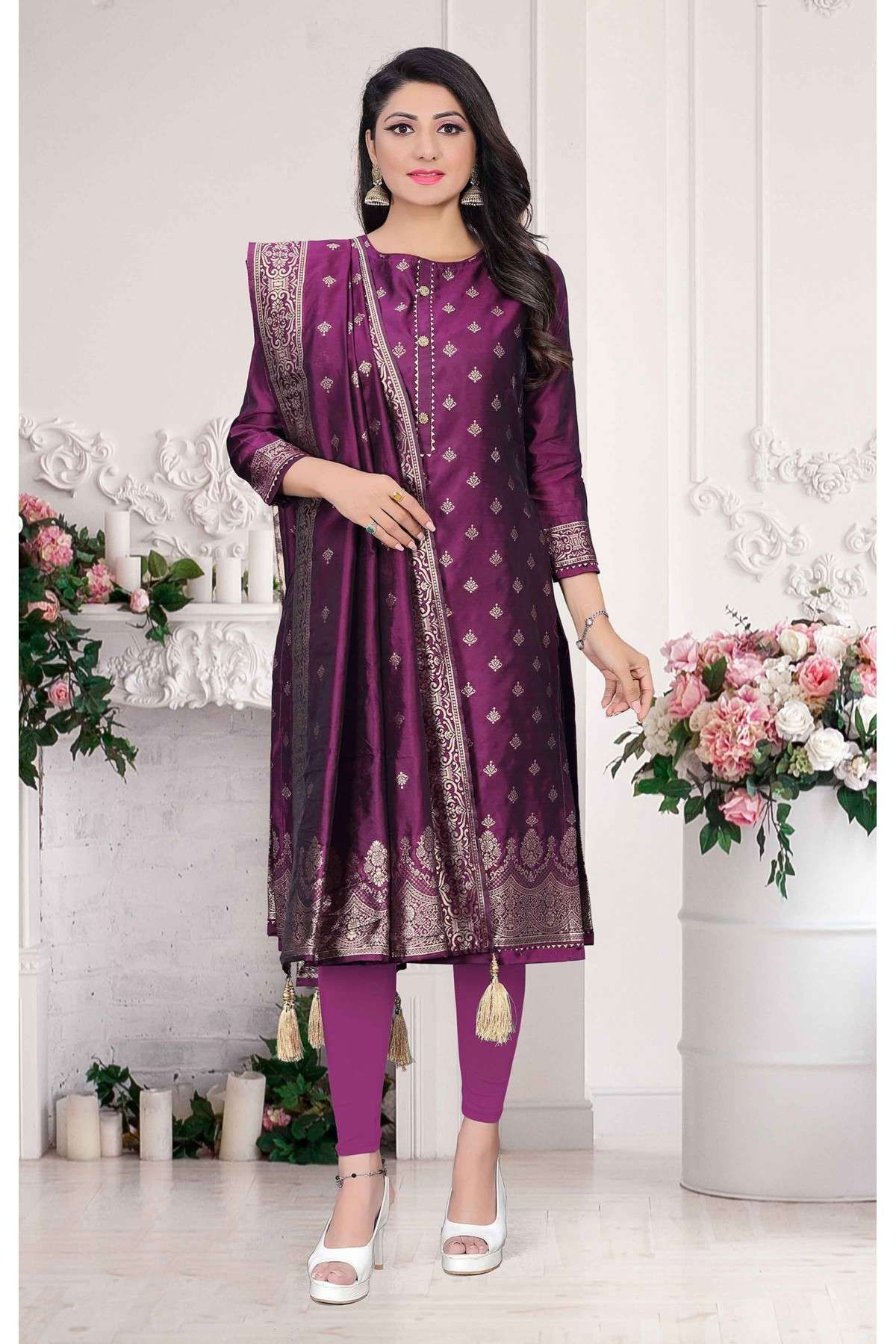 Jacquard Woven Churidar Suit In Purple Colour - SM5550186