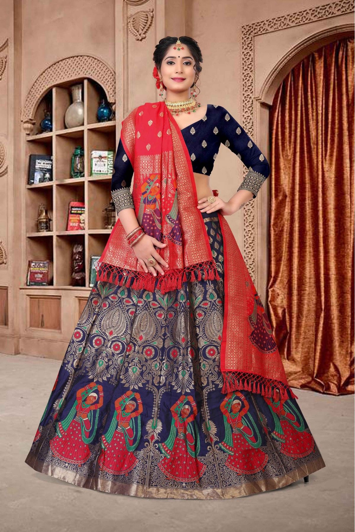 Lehenga Choli - Buy Dark Blue And Red Embroidered Wedding Lehenga Choli