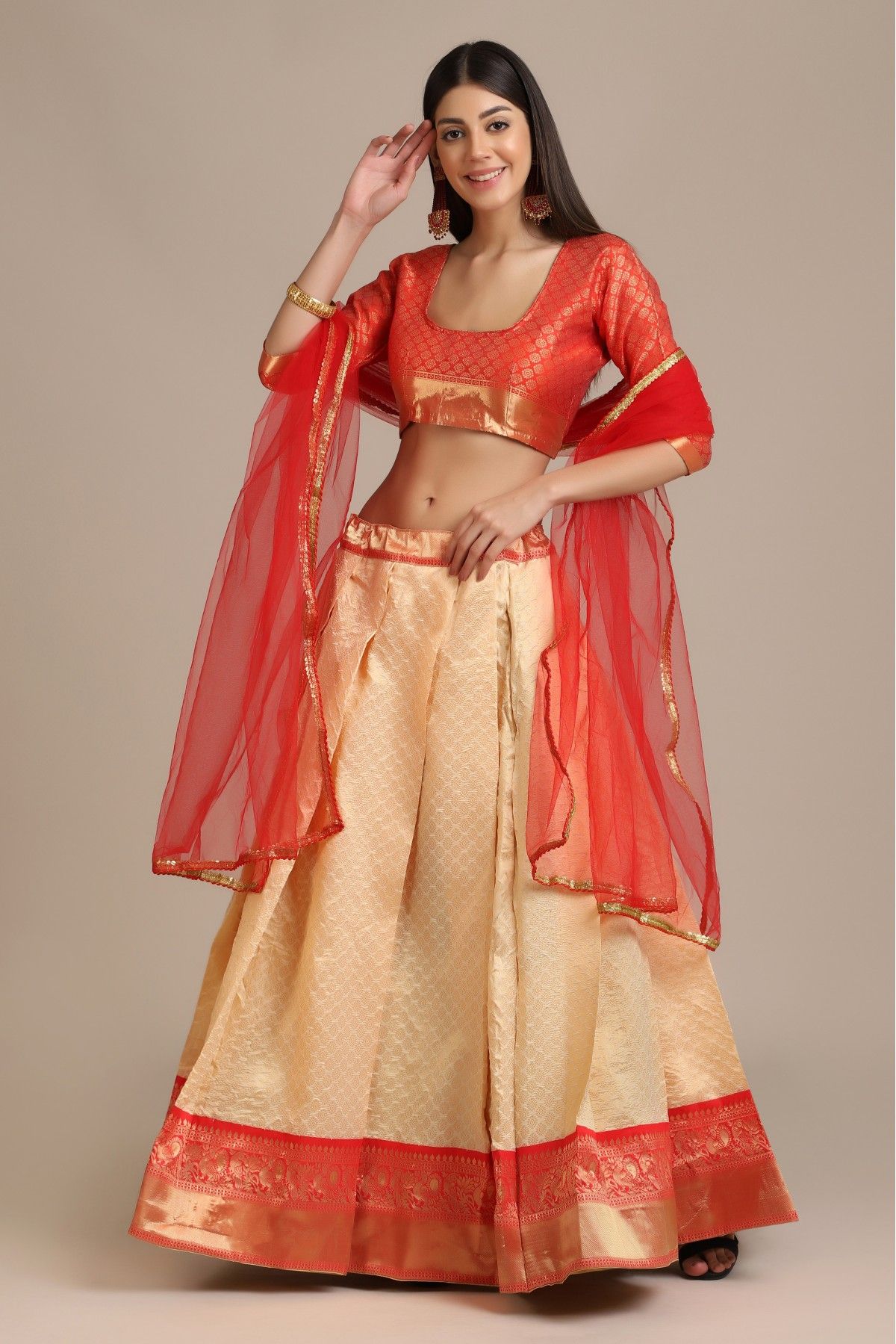 Classic Embroidered Designer Soft Silk Cream Color Heavy Bridal Lehenga