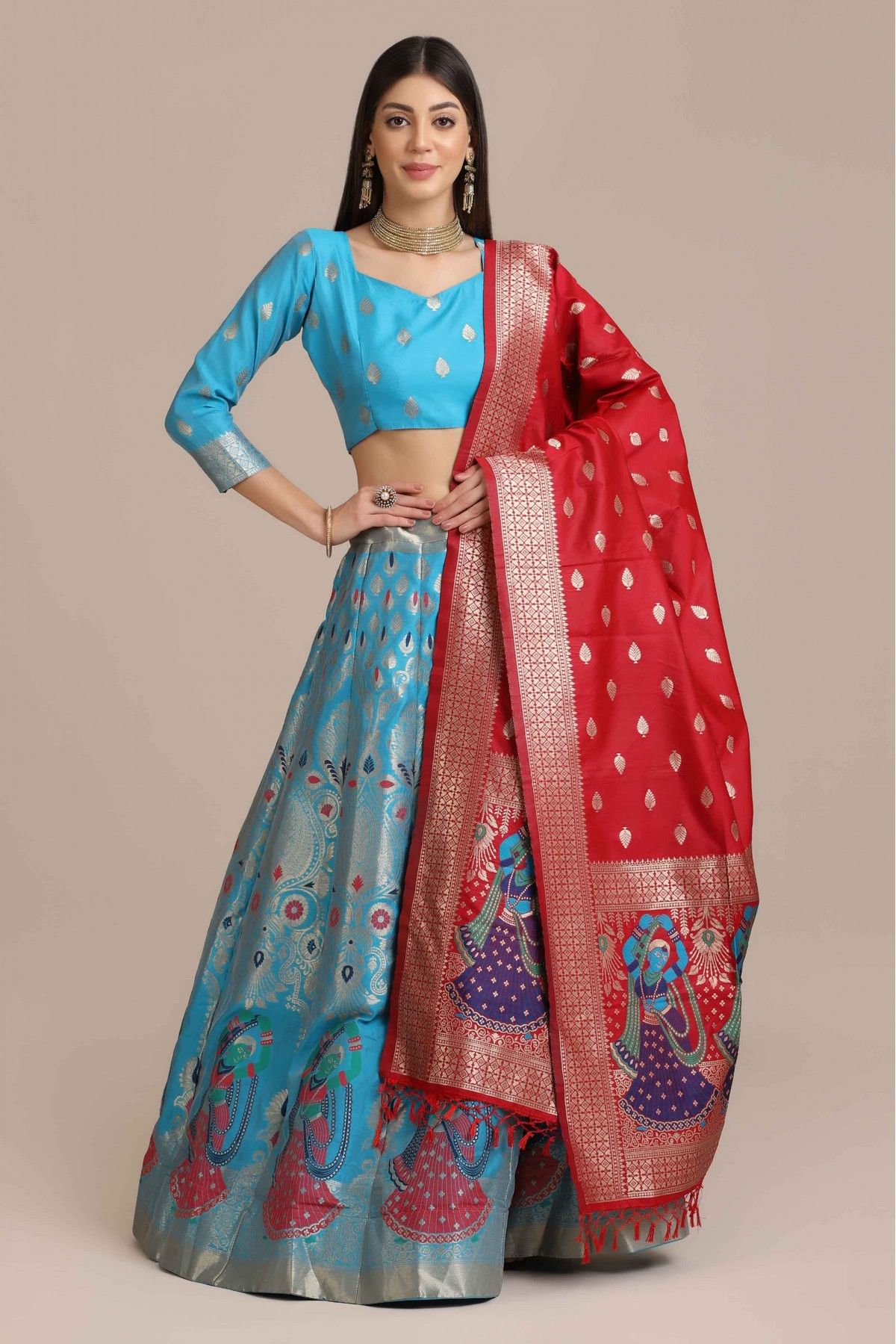 SKy Blue and Red color lehenga choli with Sequins ,Thread ,Embroidery