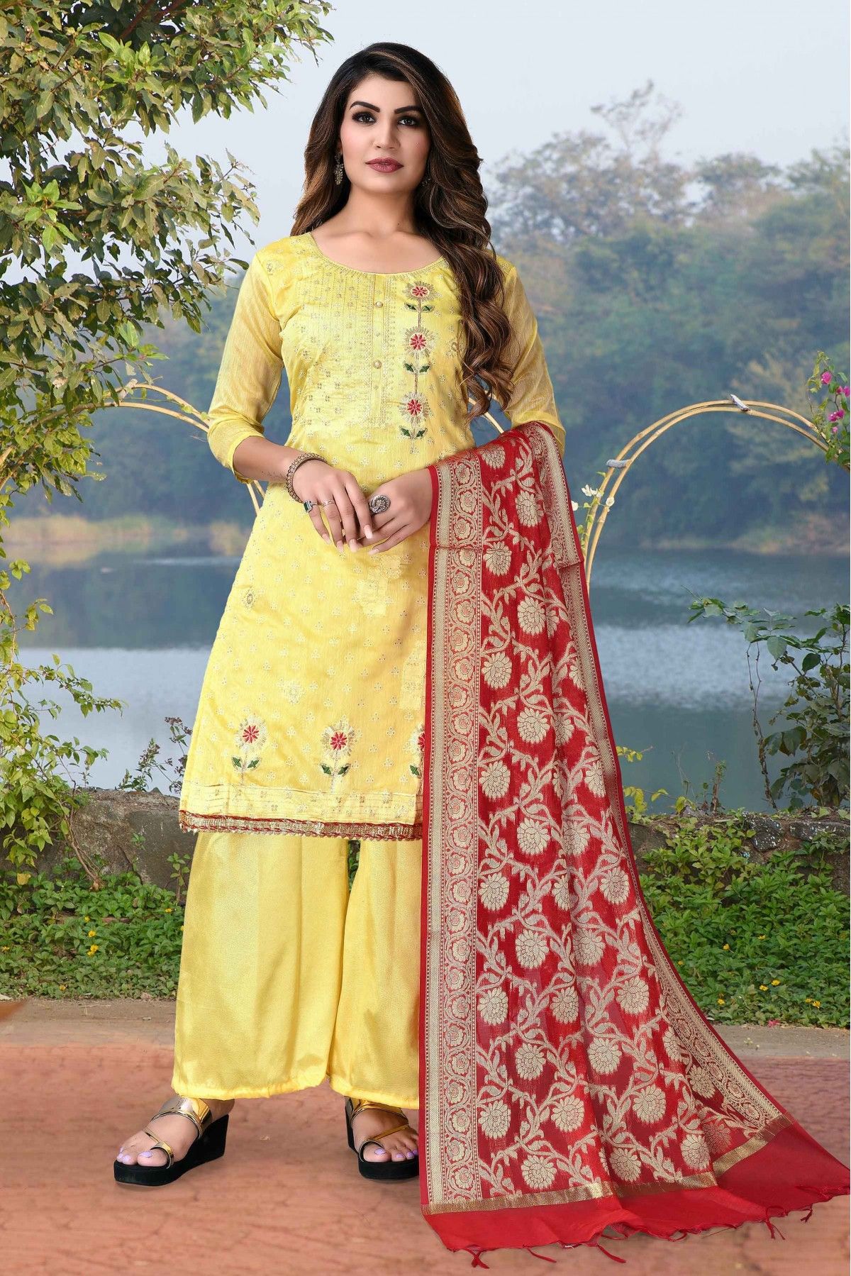 Buy Yellow Modal Chanderi Cotton Embroidered Churidar Suit Work