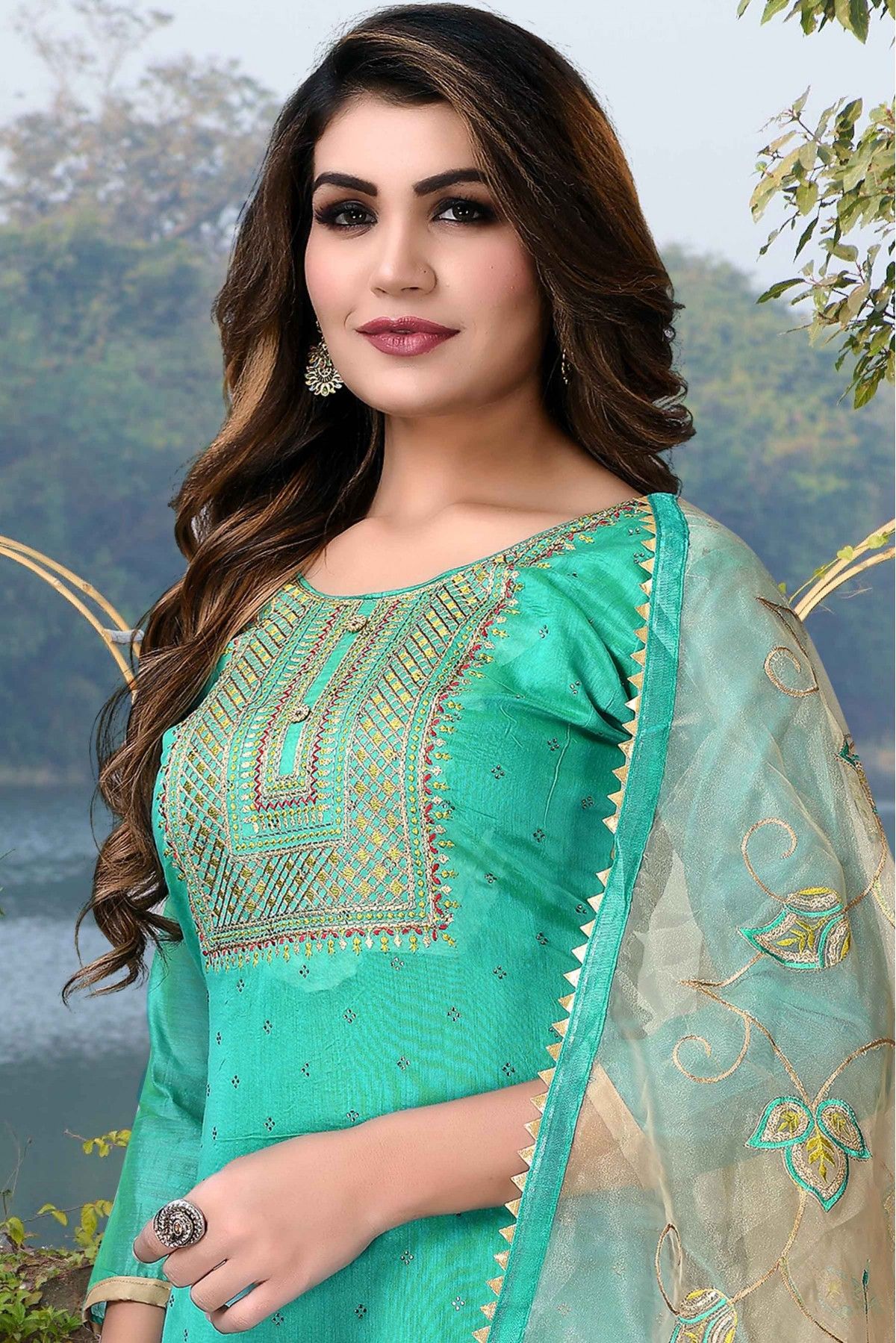 Modal Chanderi Cotton Embroidery Pant Style Suit In Sea Green Colour -  SM5415473