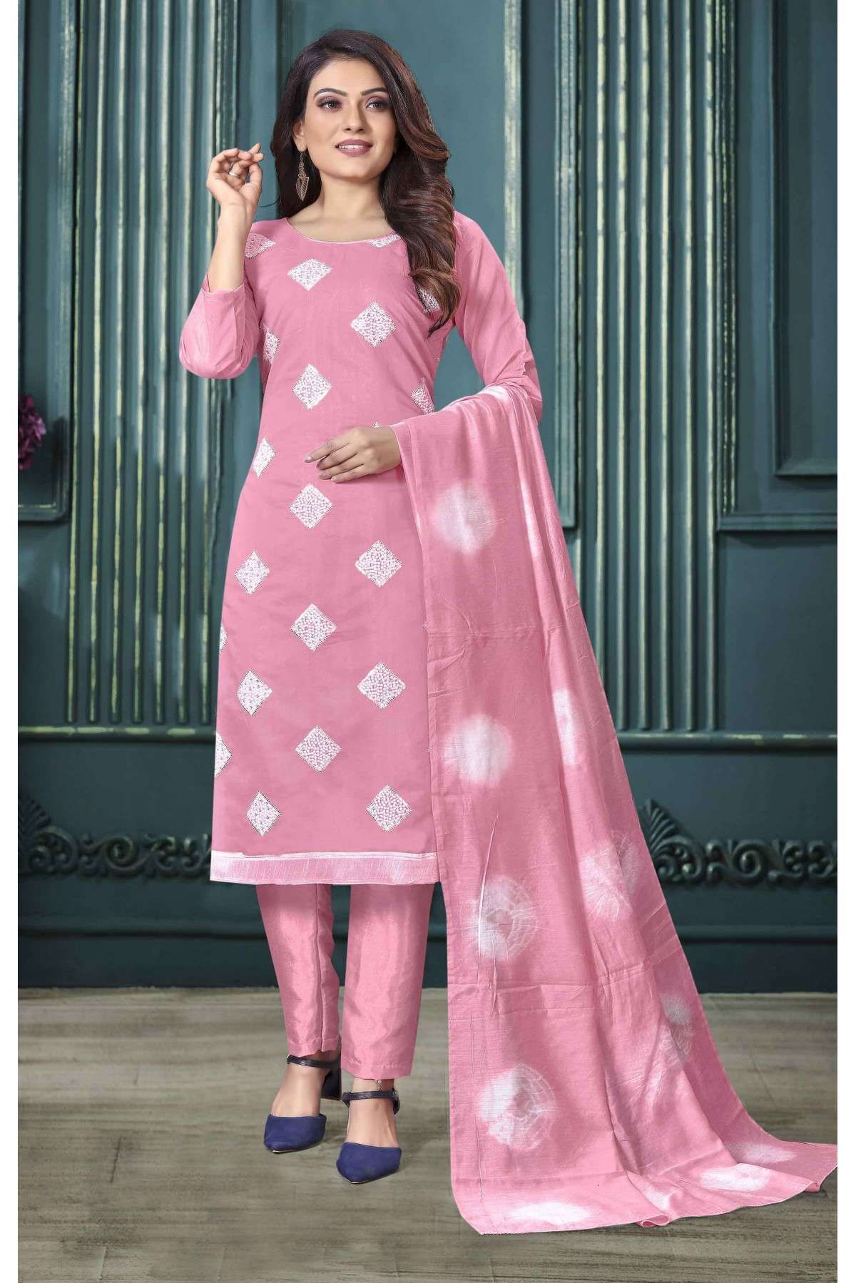 Baby Pink Handblock Printed Designer Cotton Suit Set For Women Online