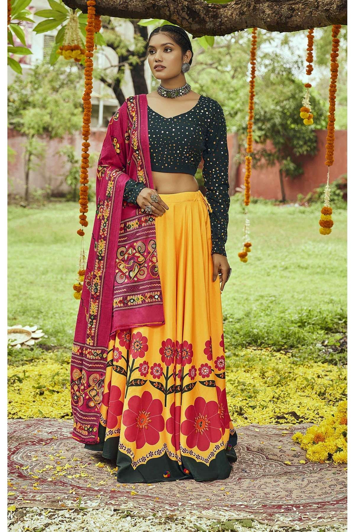 Buy Yellow maslin cotton Stylish Deep Pink Fancy Dupatta Lehenga choli