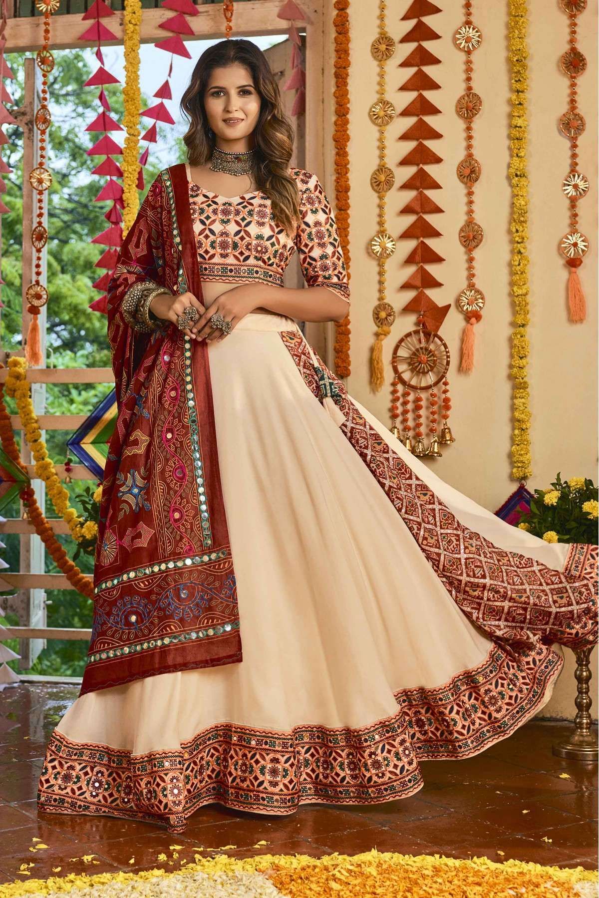 Beige Embroidered Lehenga Set w/ Tomato Red Bandhej Dupatta – 101 Hues