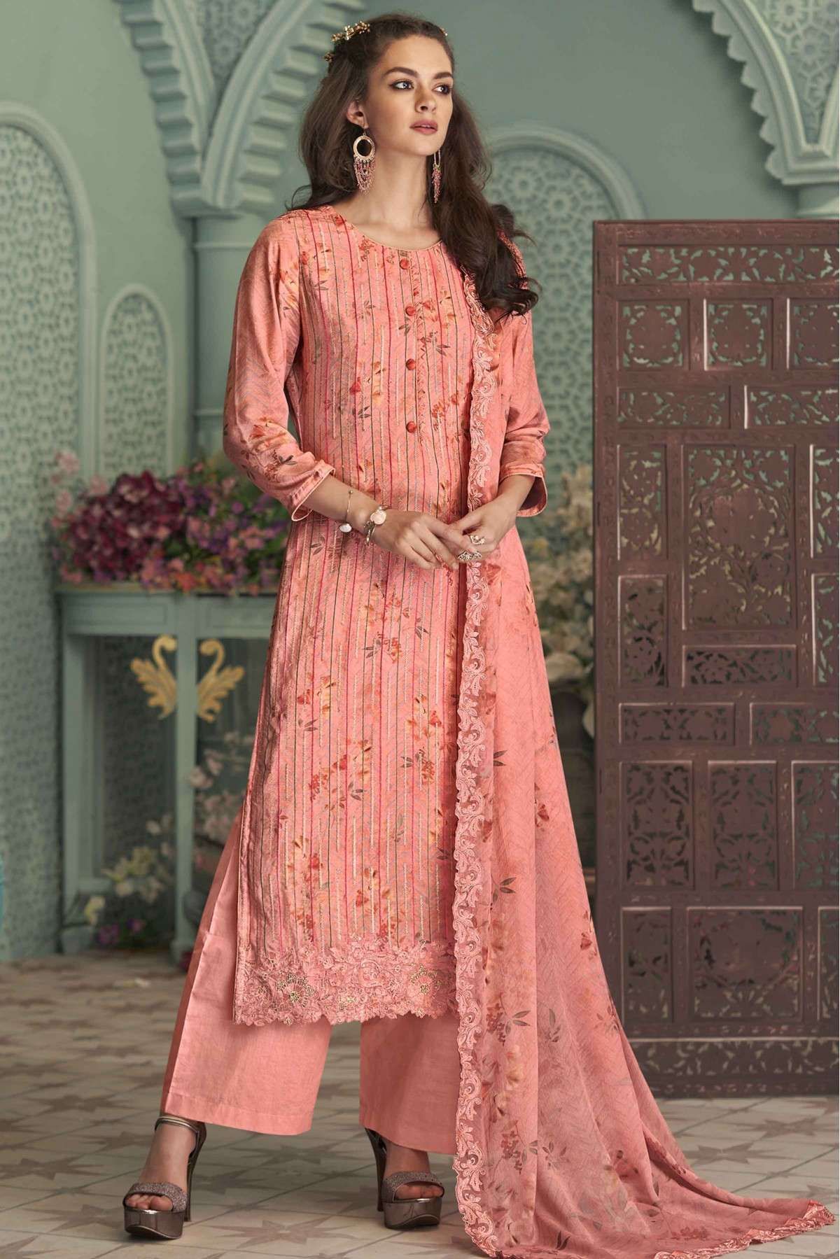 Peach Colour Chinon Fabric Salwar Suit.