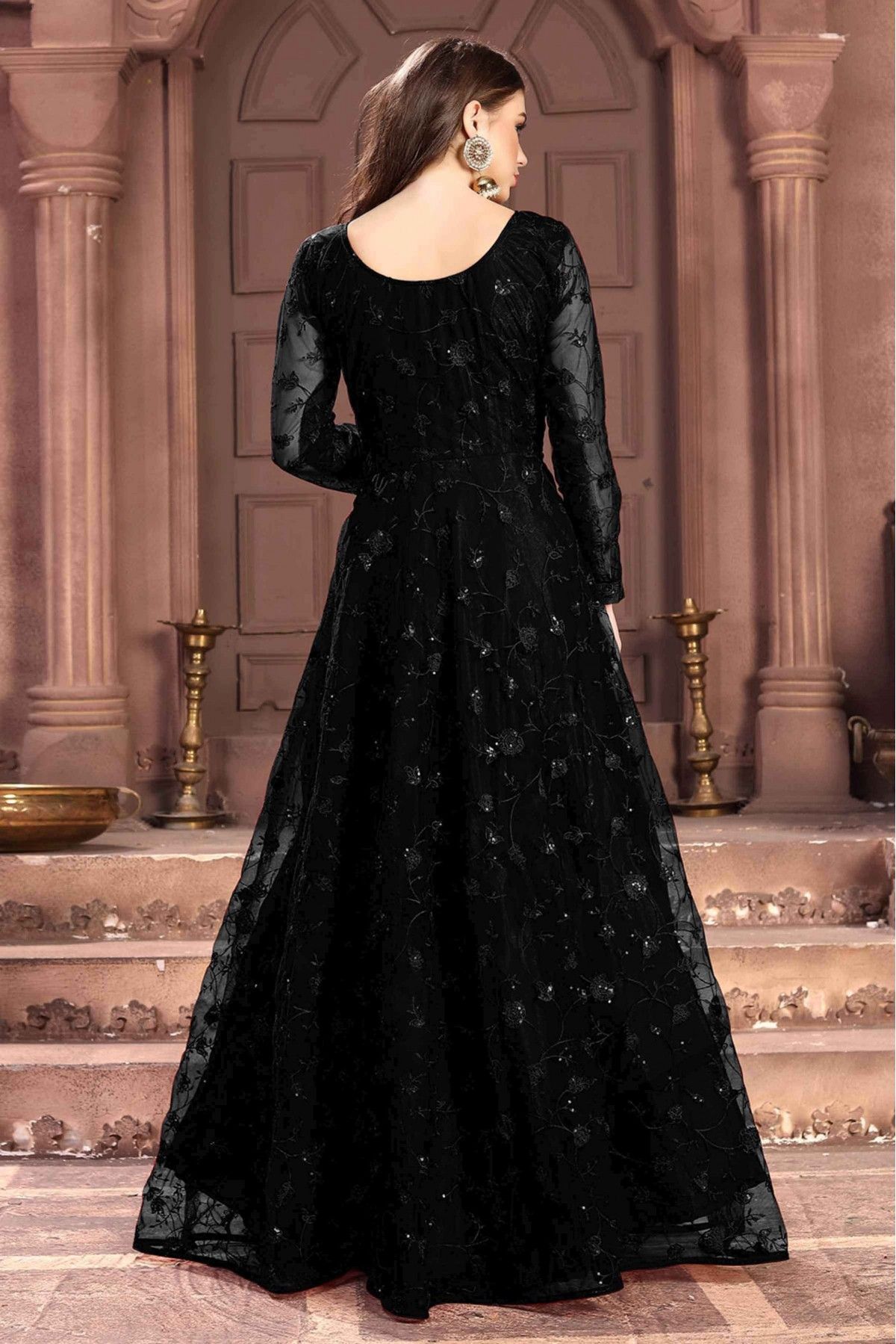 Black Long Anarkali Suit In Net Swarovski Work SRSA317003, 50% OFF