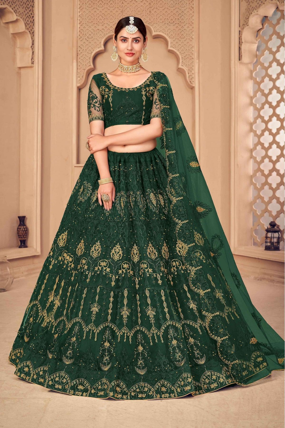 Net Embroidery Lehenga Choli In Dark Green Colour - LD5680006