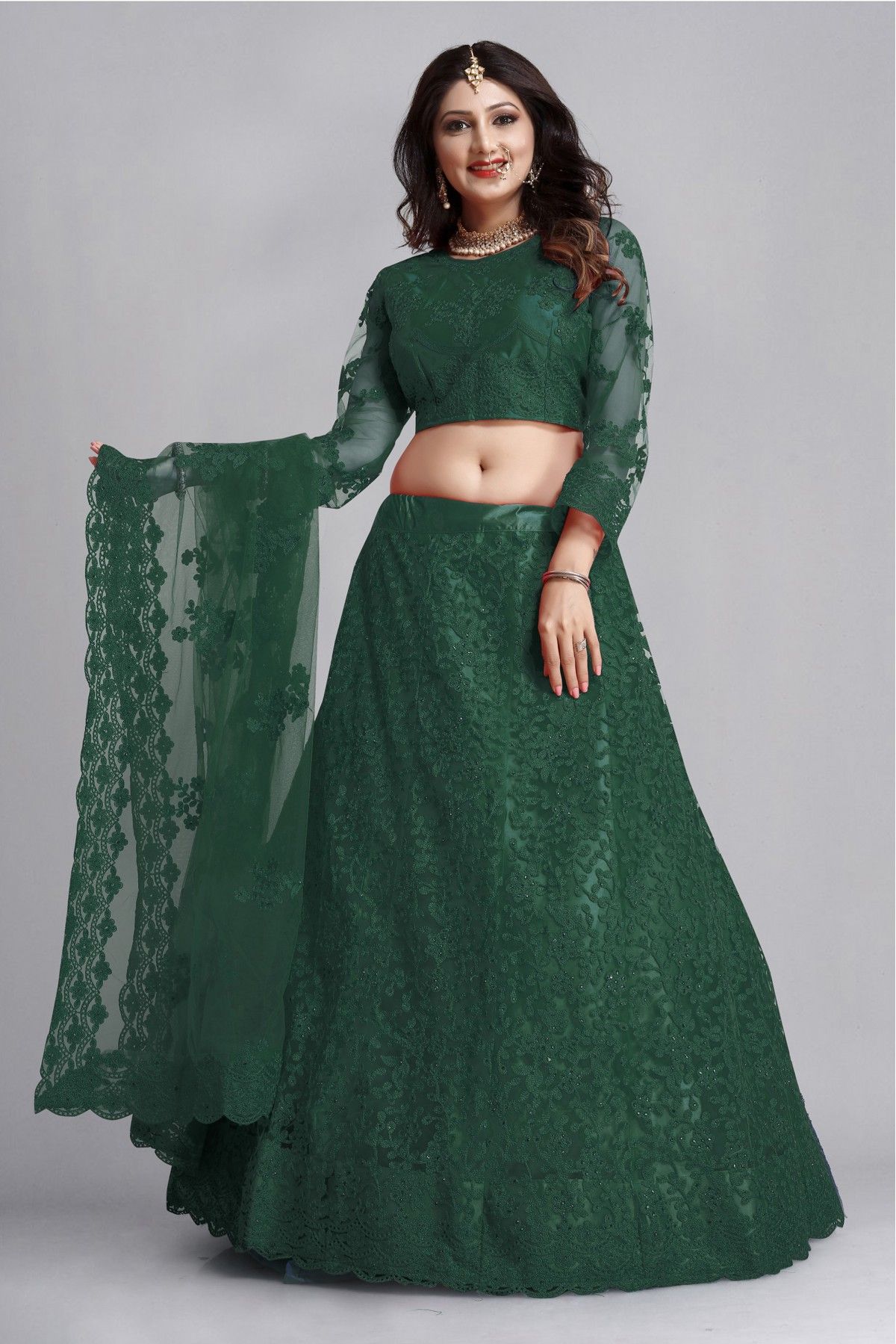 Ethnic Wear Bottle Green Lehenga Set | IndiAttire