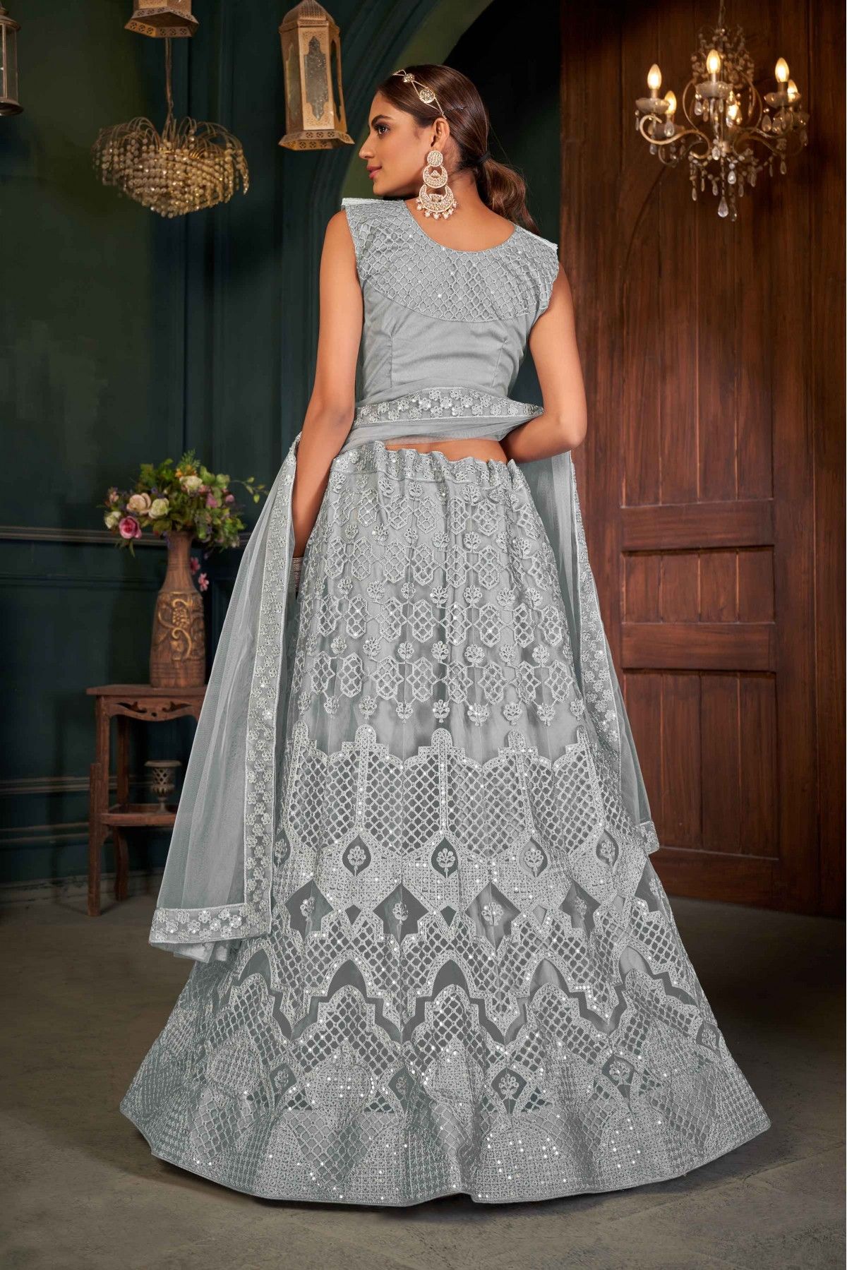 Net Embroidery Lehenga Choli In Grey Colour - LD5690023