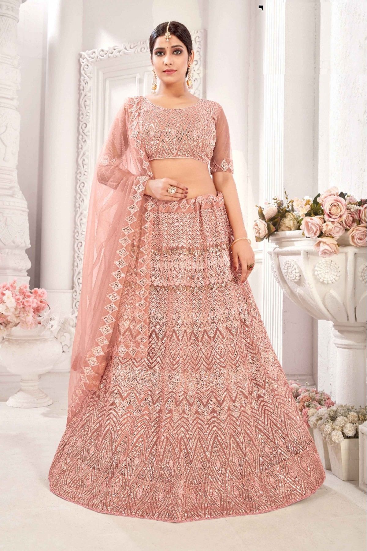 peach Color Thread And Zarkan Work Wedding Wear Kalidar Lehenga