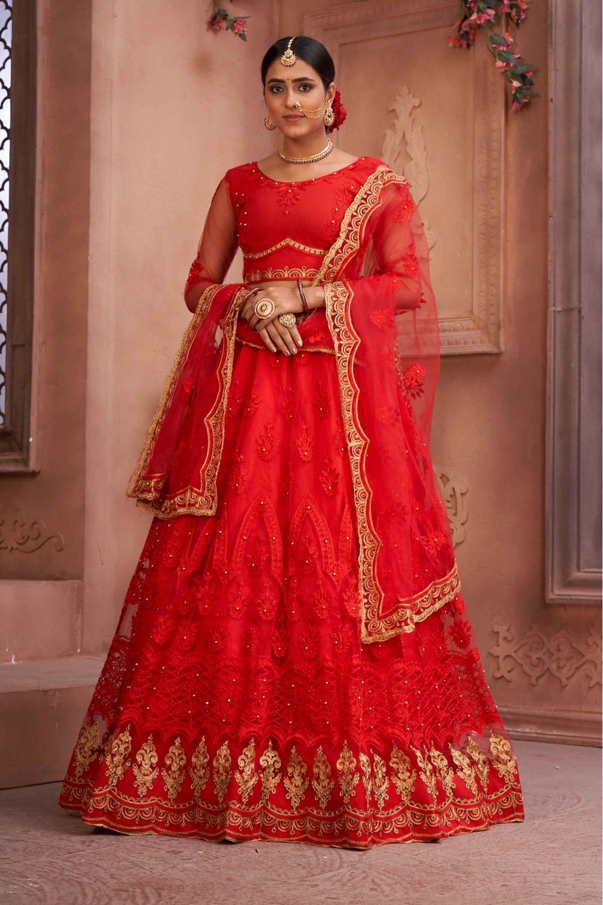 Net Embroidery Lehenga Choli In Red Colour LD5680007 A