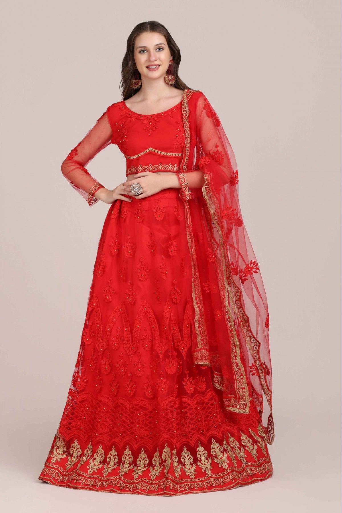 Net Embroidery Lehenga Choli In Red Colour LD5680135 A