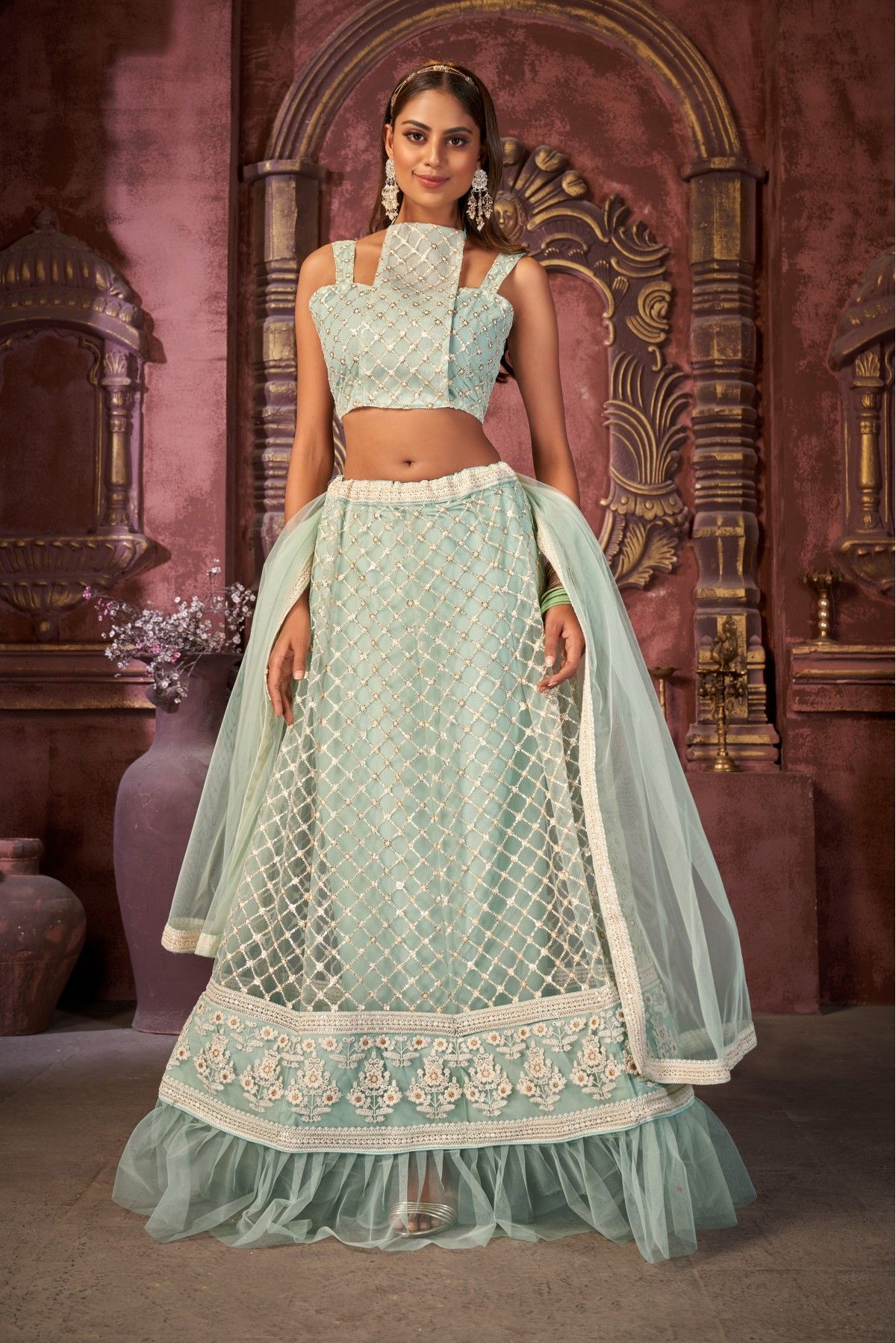 Lehenga Choli : Dark green taffeta embroidered organza digital ...