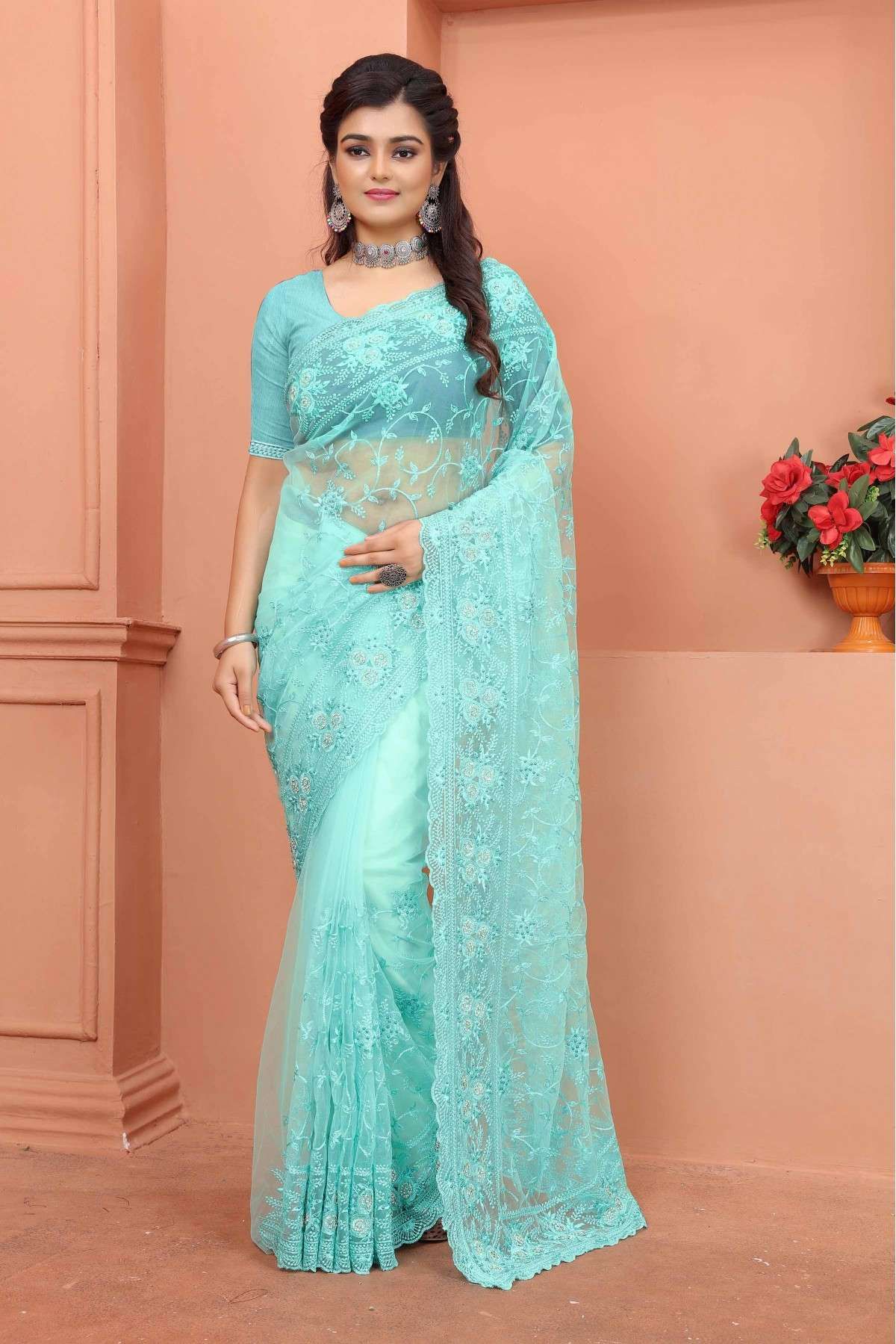 Aqua Blue Chinon Phulkari Saree – For Sarees