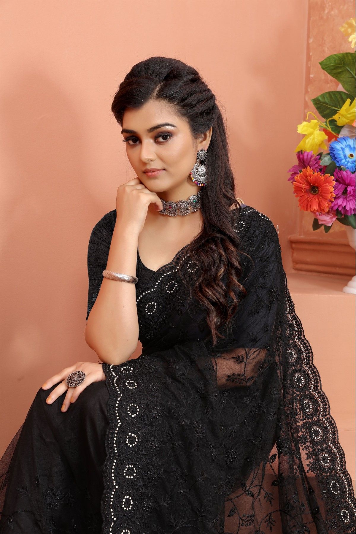 Net Embroidery Saree In Black Colour - SR4690757