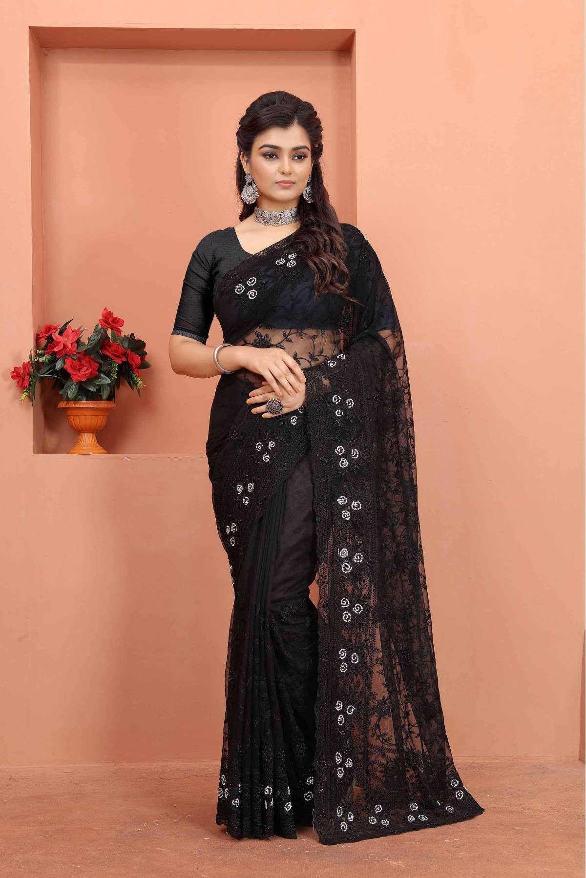Net Embroidery Saree In Black Colour - SR5641359