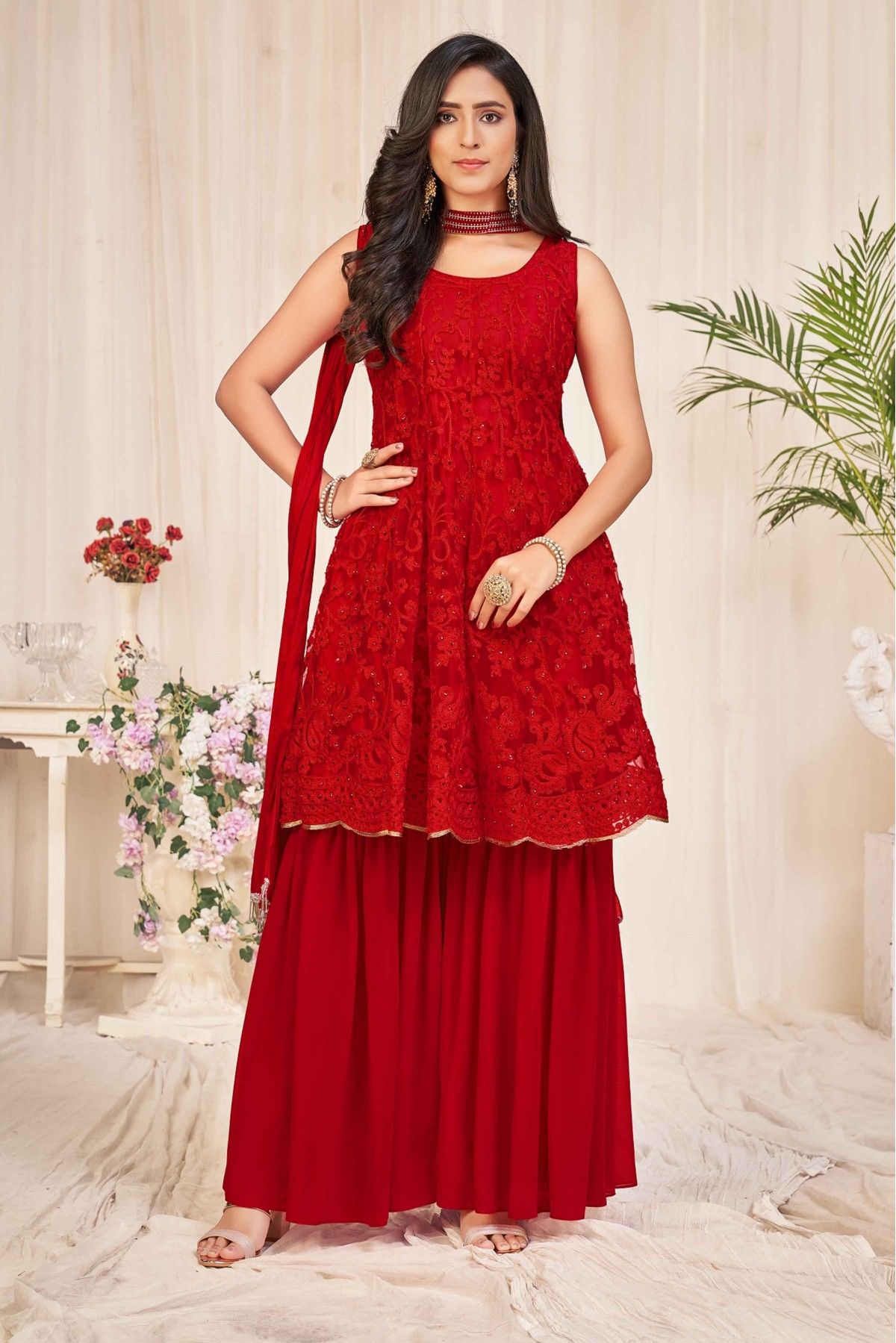 Scarlet Red Sharara Set. – Shyam Narayan Prasad