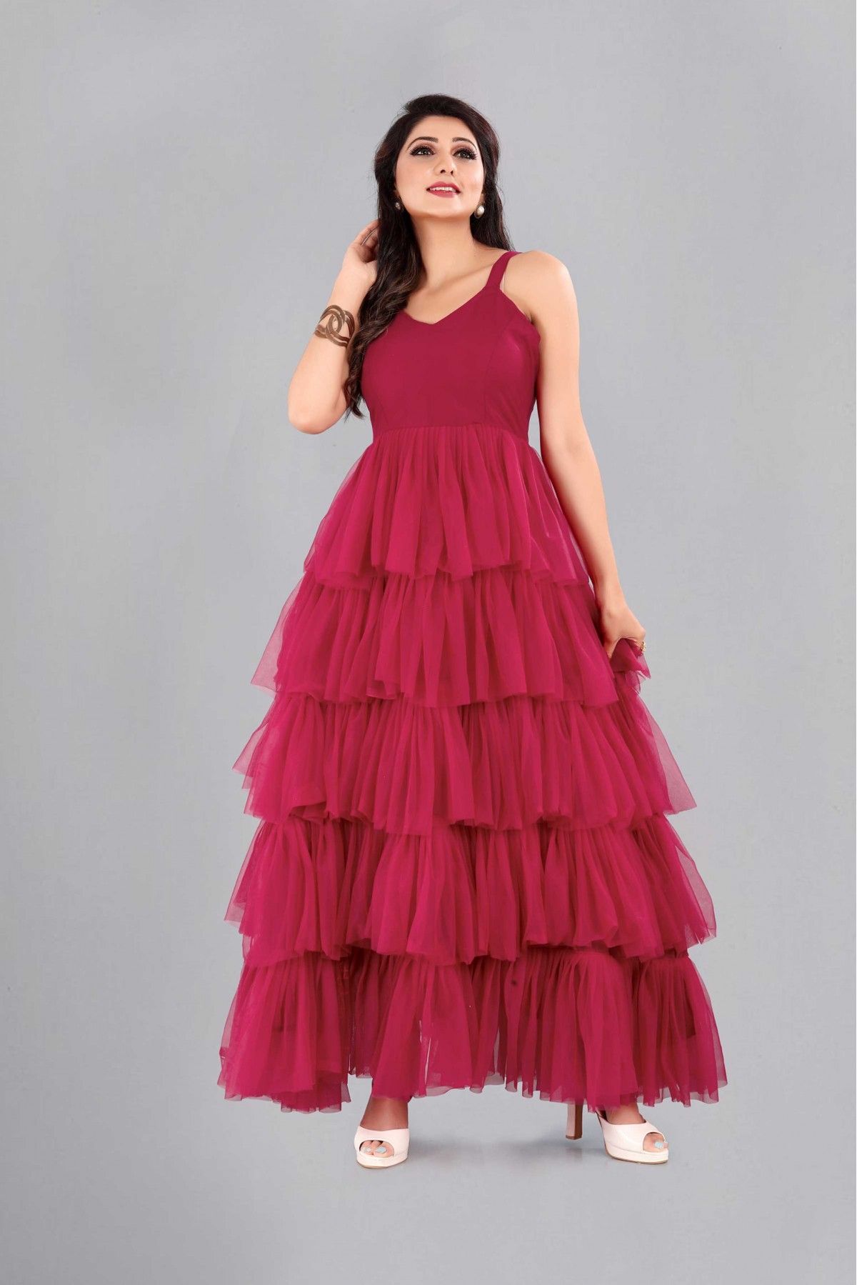 Net Solid Ruffle Gown In Pink Colour - GW5680307