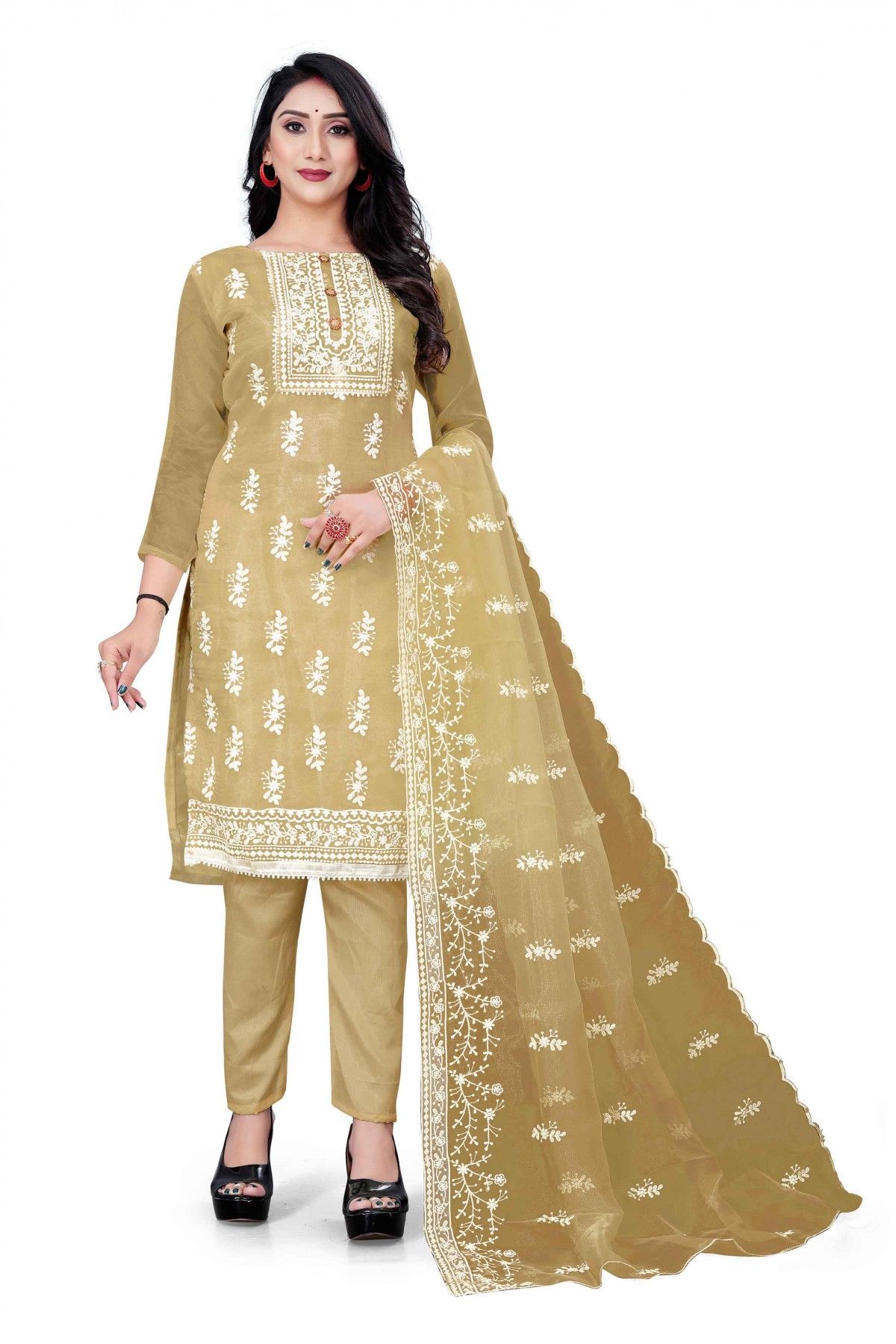 Organza Embroidery Pant Style Suit In Beige Colour - SM5415432