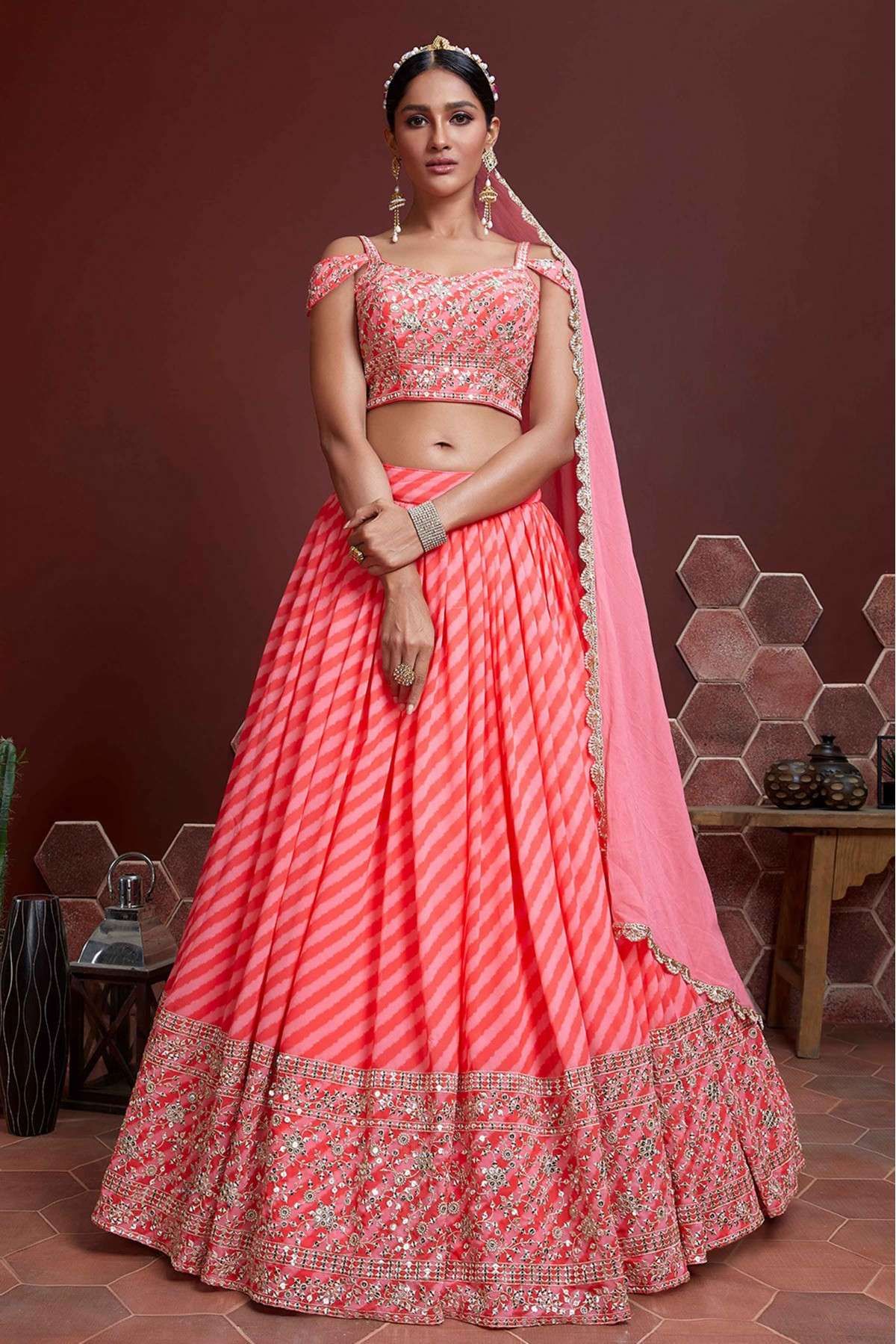 panchhi Grey & Peach-Coloured Embroidered Thread Work Semi-Stitched Lehenga  & Unstitched Blouse With Dupatta - Absolutely Desi