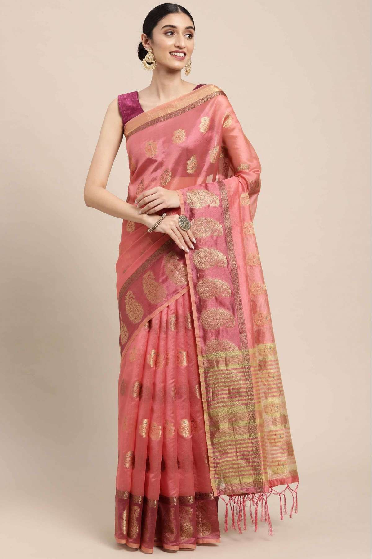 Organza Woven Saree In Pink Colour - SR5415877