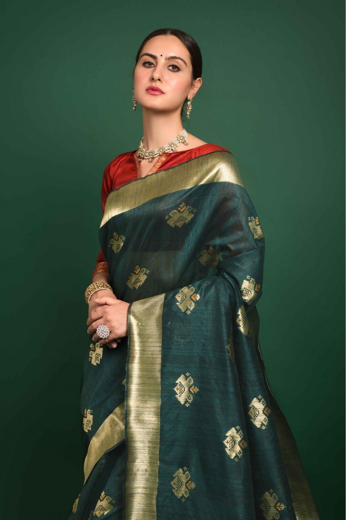 Vichitra Silk Embroidery Saree In Bottle Green Colour