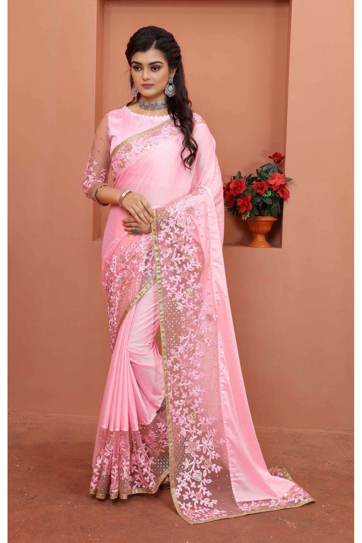 Dark Pink New Model Sarees In Georgette Fabric