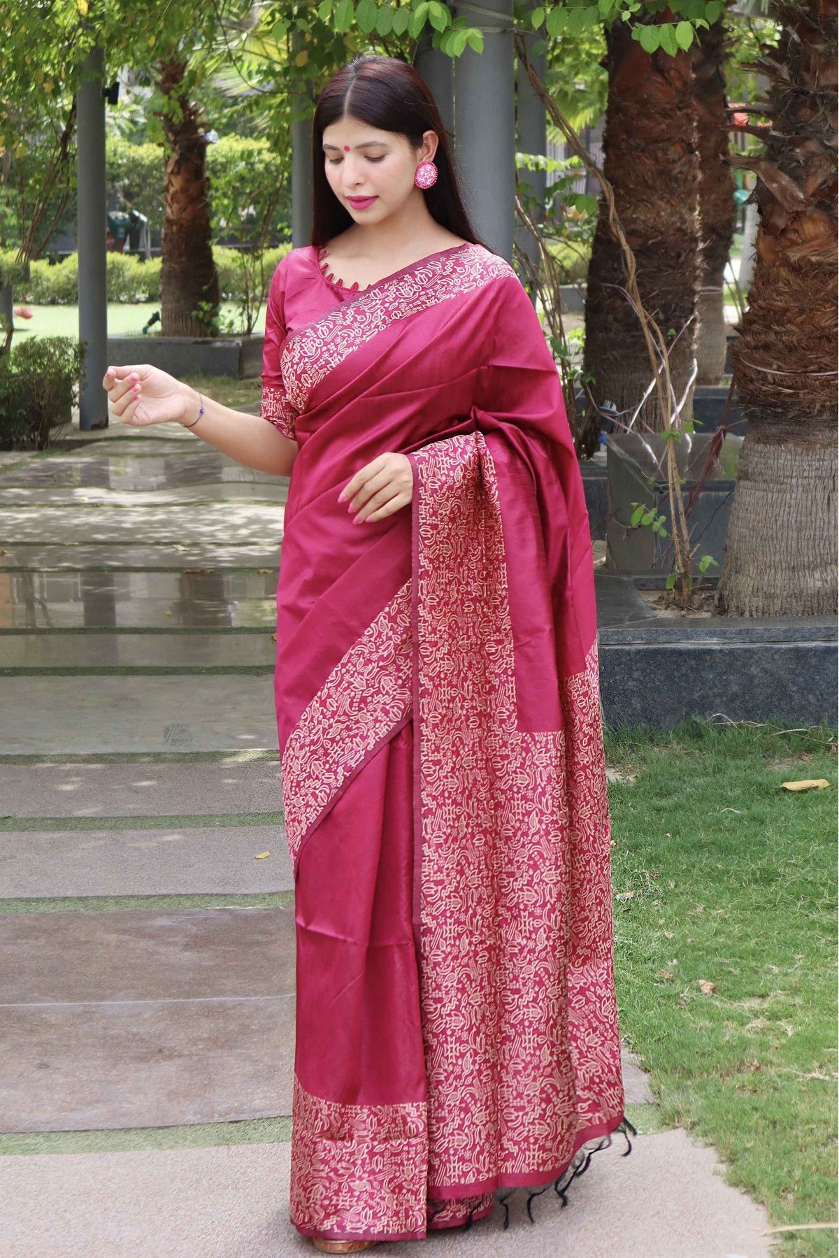 Rani Pink Color Woven Saree